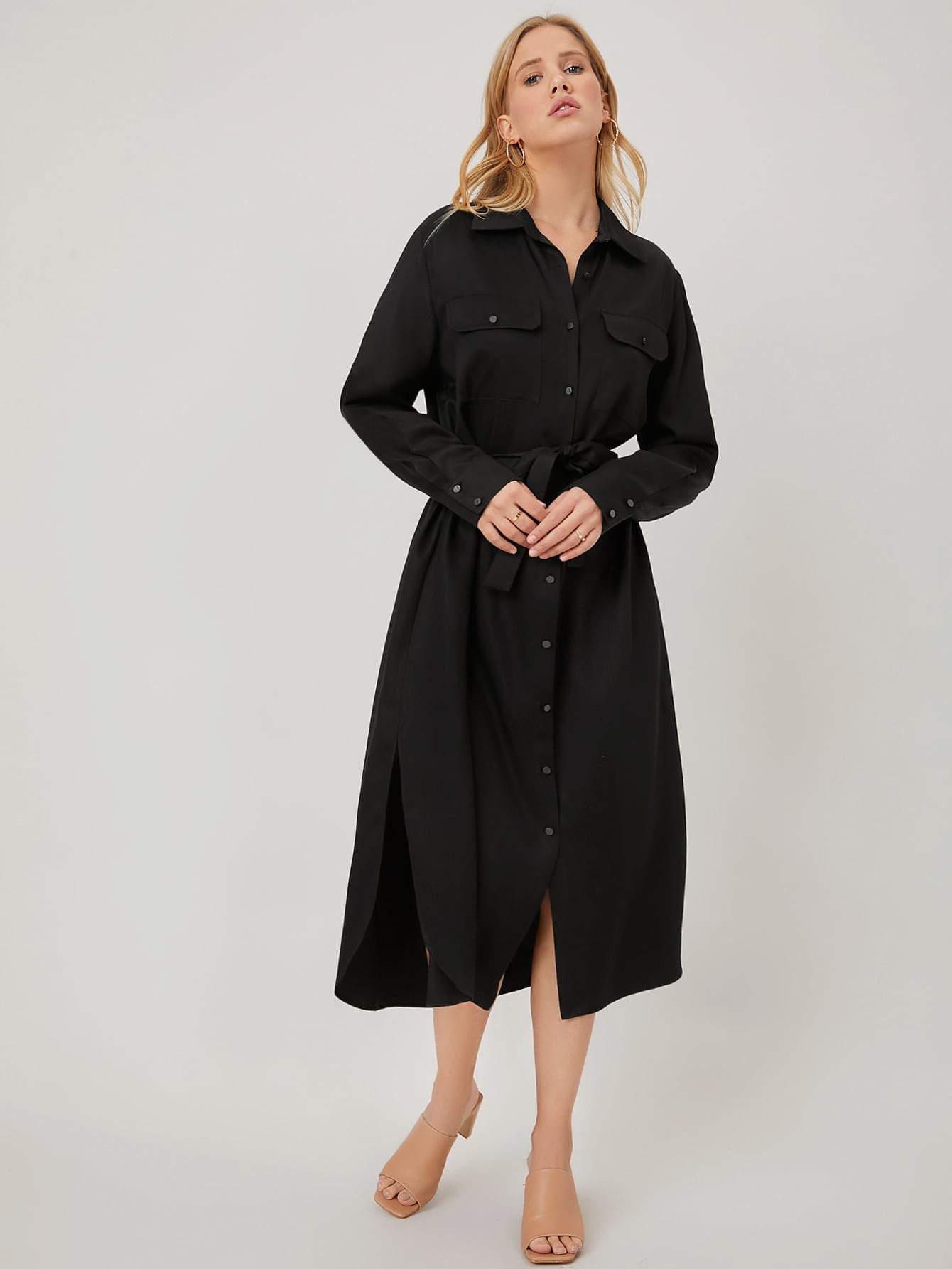 Black 100% Tencel Belted High Waist Shirt Dress