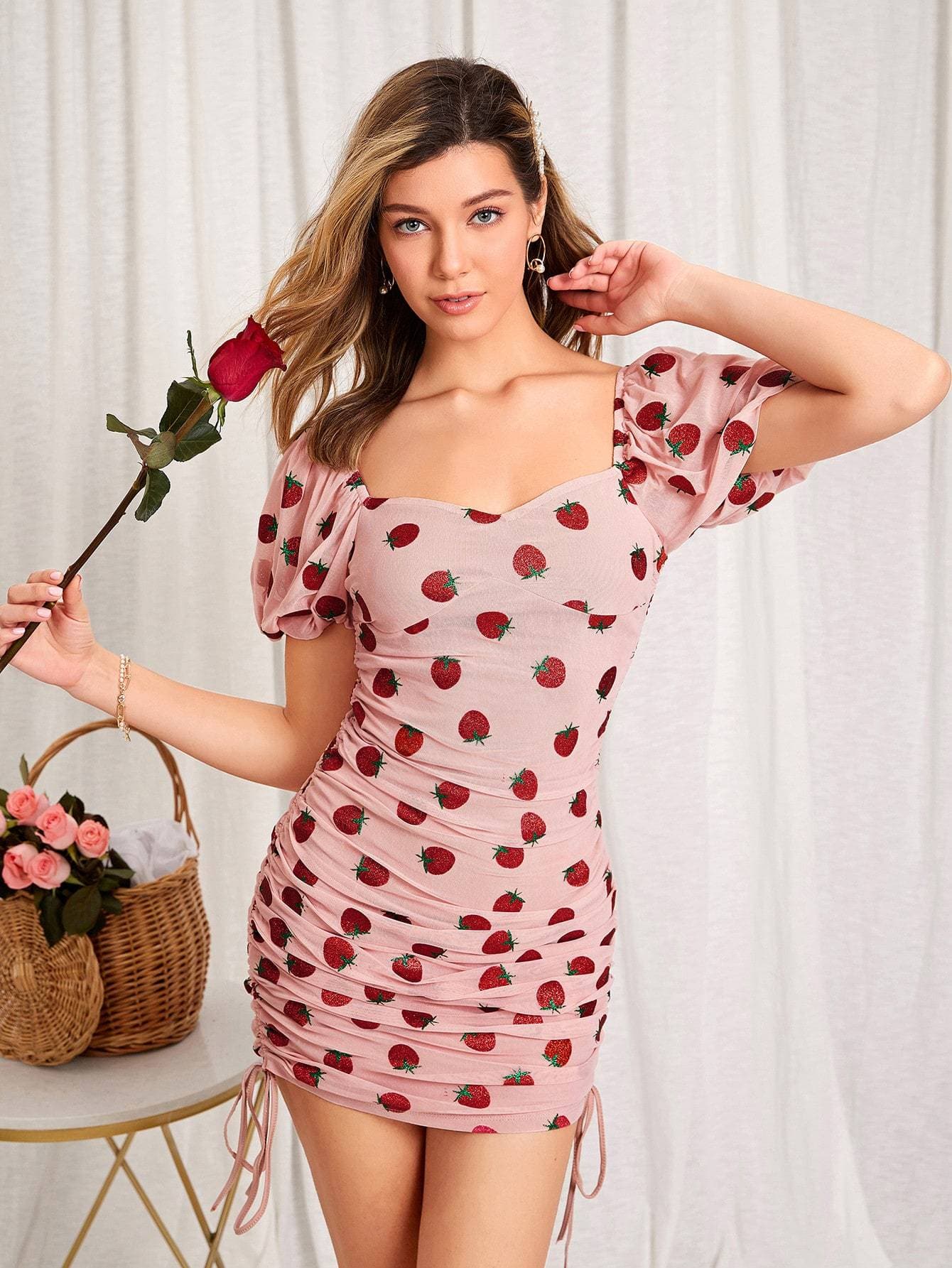 Dusty Pink Puff Sleeve Ruched Drawstring Strawberry Mesh Slim Fit Dress