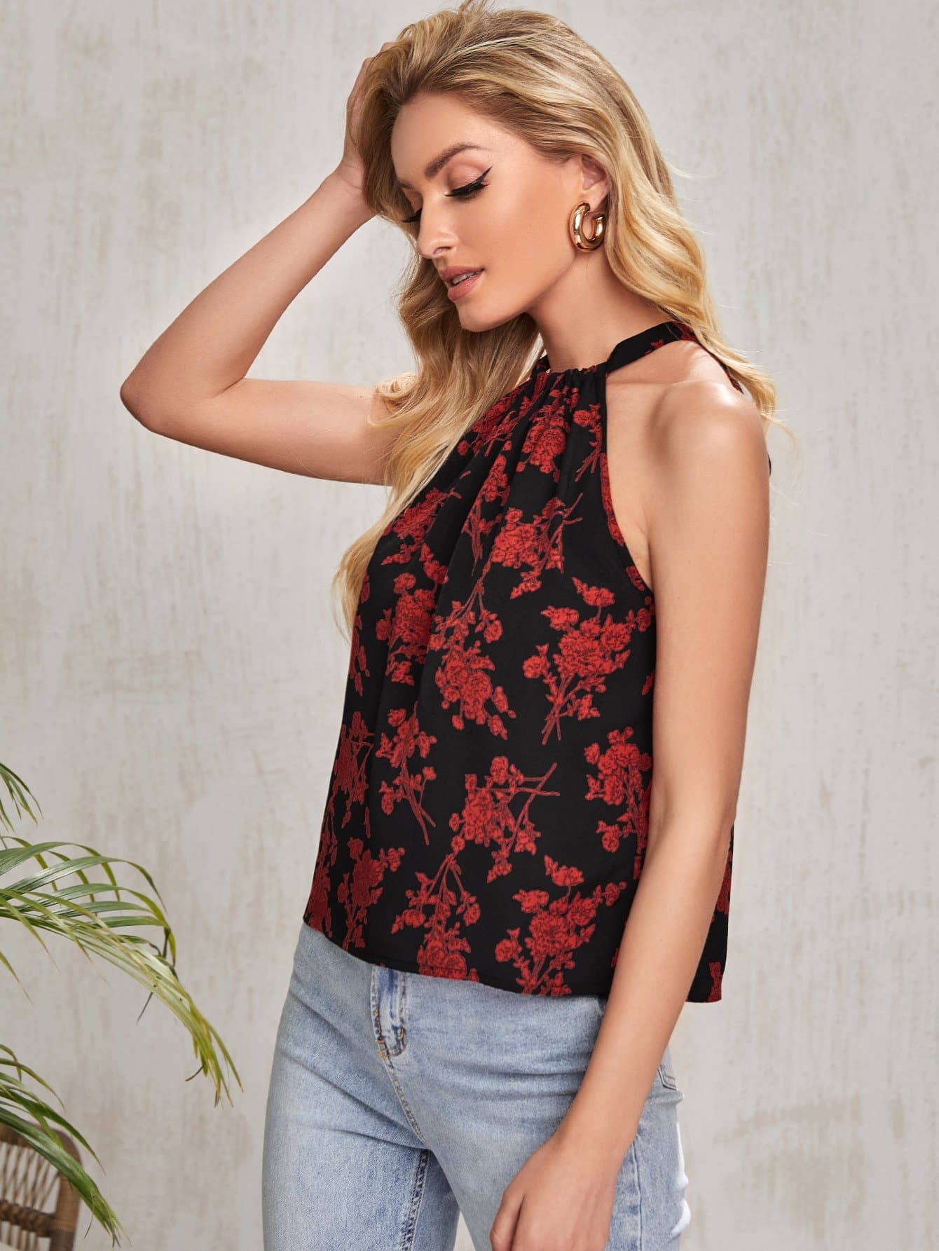 Tie Back Floral Print Halter Top