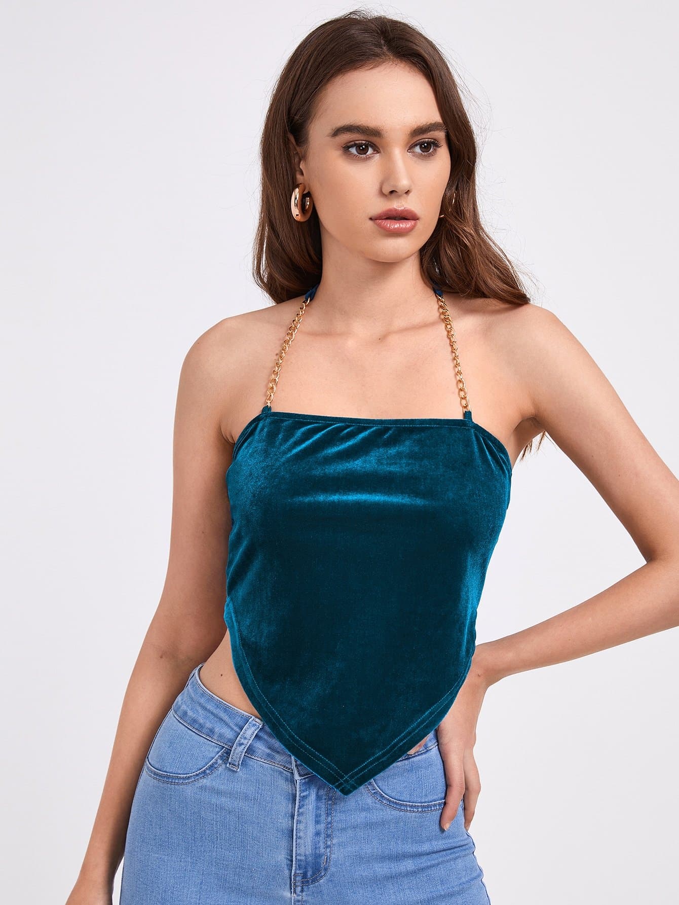 Backless Sleeveless Chain Strap Asymmetrical Hem Velvet Halter Top