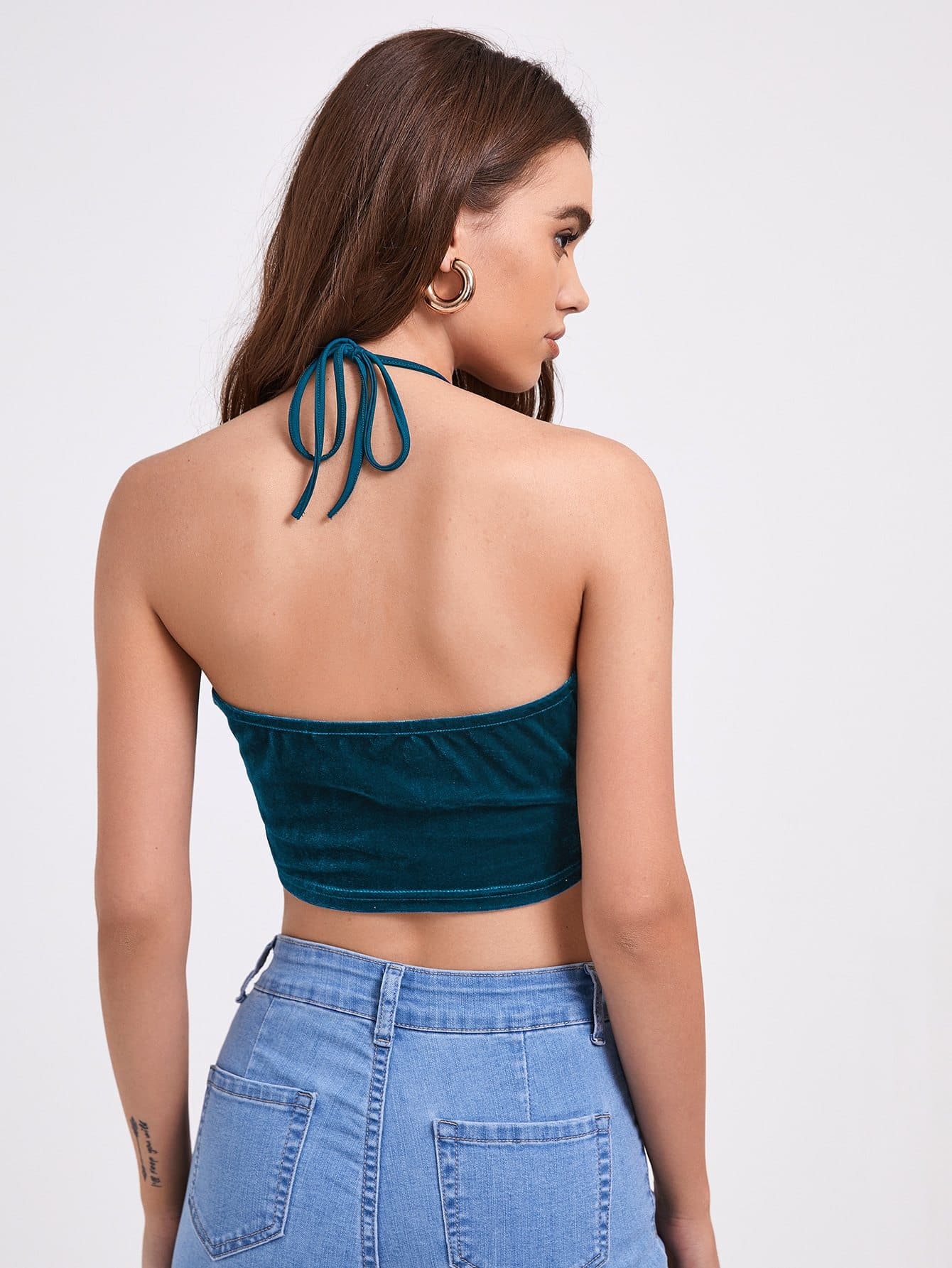 Backless Sleeveless Chain Strap Asymmetrical Hem Velvet Halter Top
