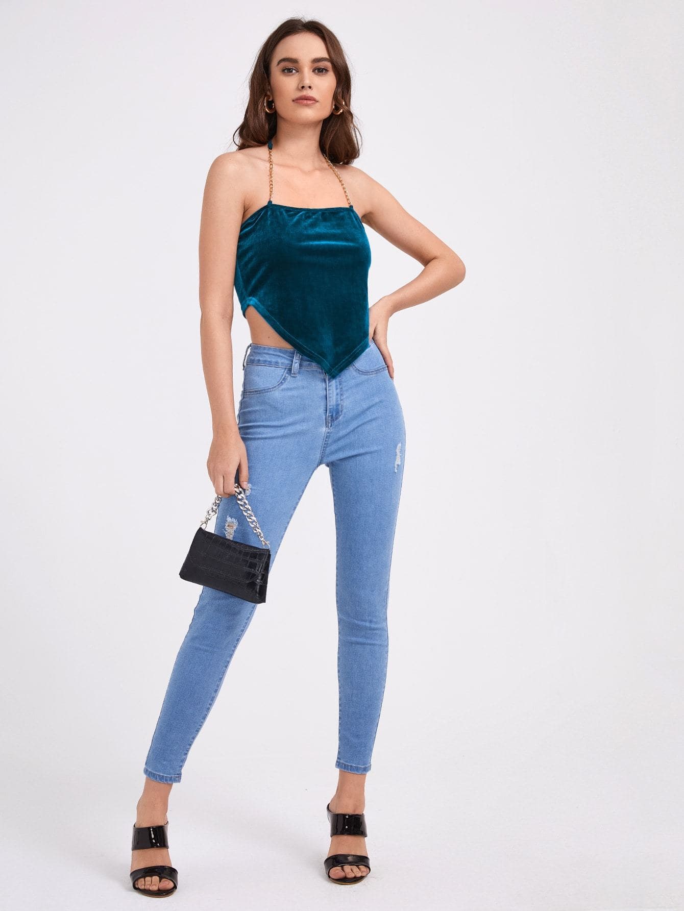 Backless Sleeveless Chain Strap Asymmetrical Hem Velvet Halter Top
