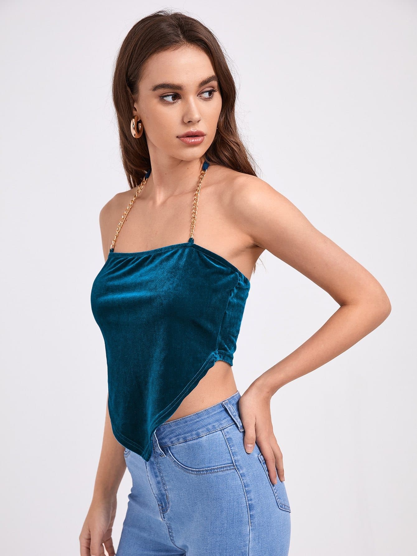 Backless Sleeveless Chain Strap Asymmetrical Hem Velvet Halter Top