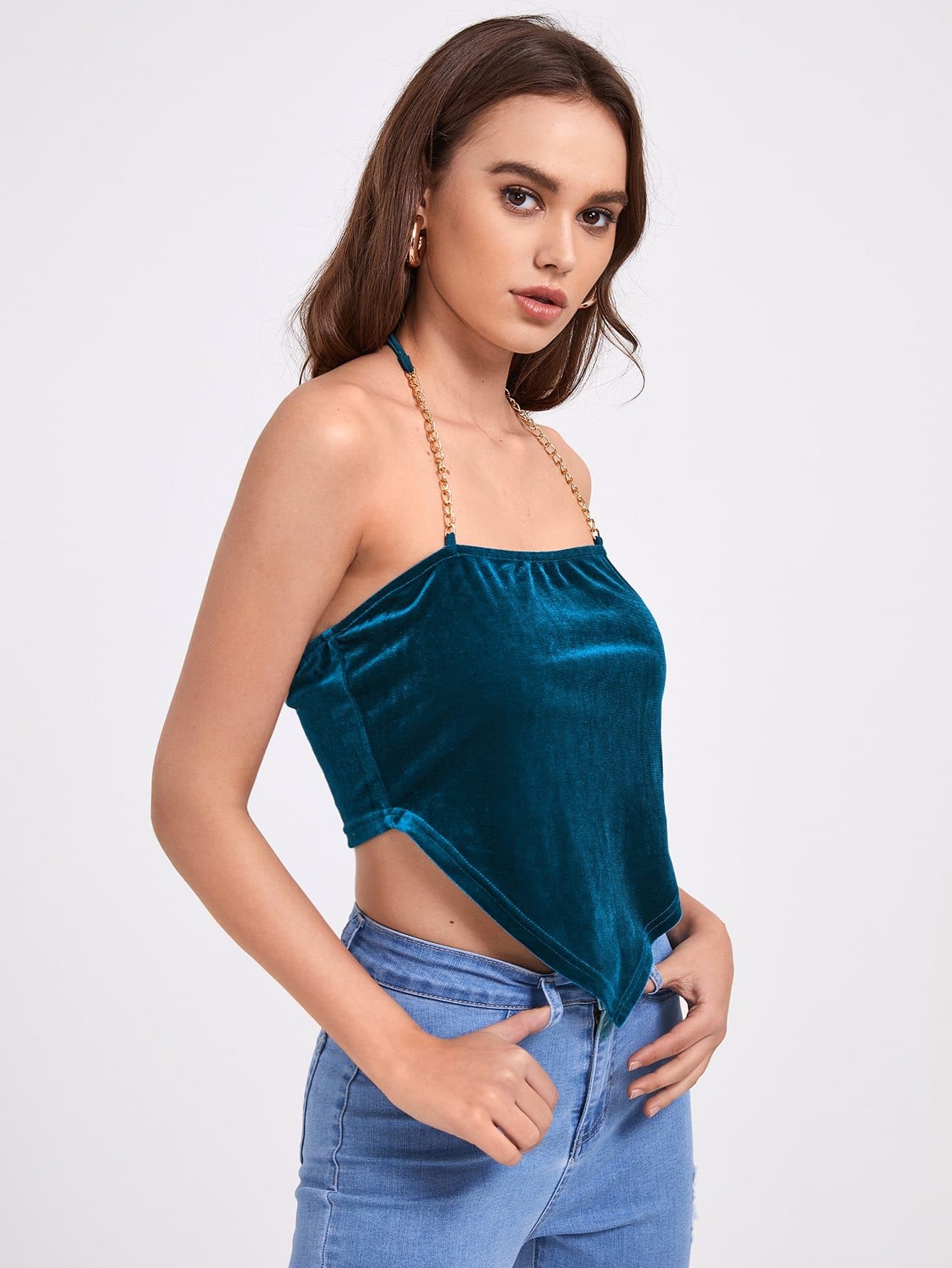 Backless Sleeveless Chain Strap Asymmetrical Hem Velvet Halter Top