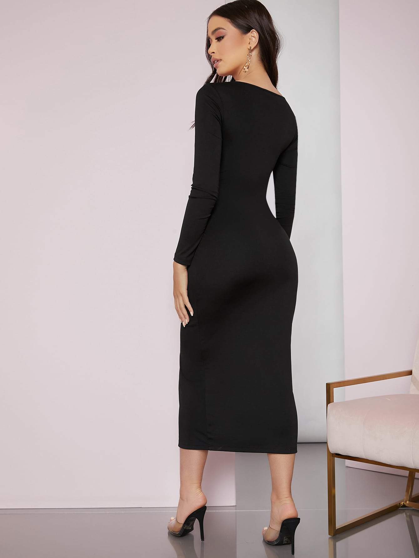 Sweetheart Neck Split Front Solid Slim Fit Dress