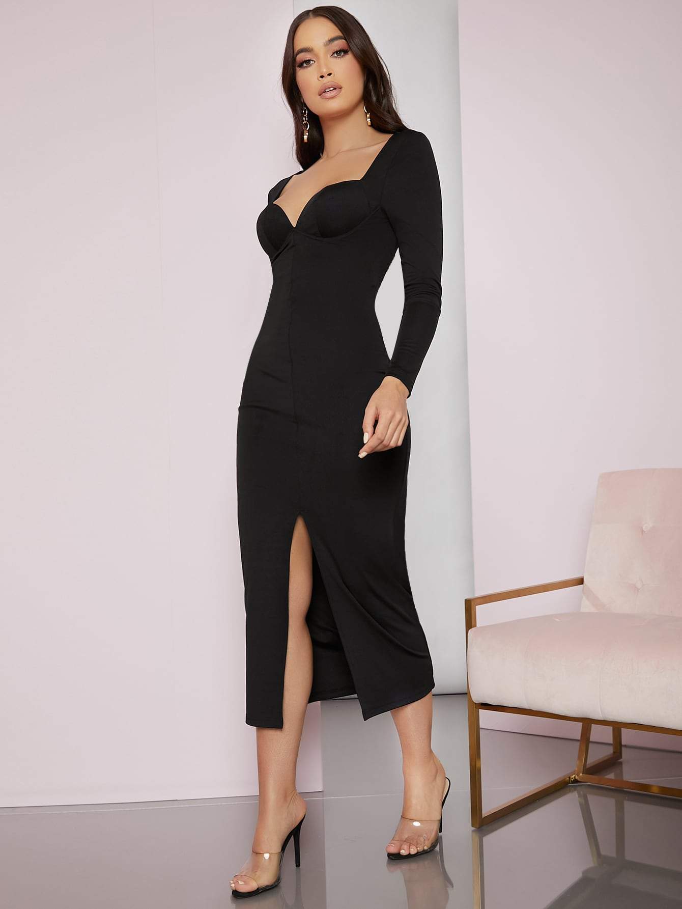 Sweetheart Neck Split Front Solid Slim Fit Dress
