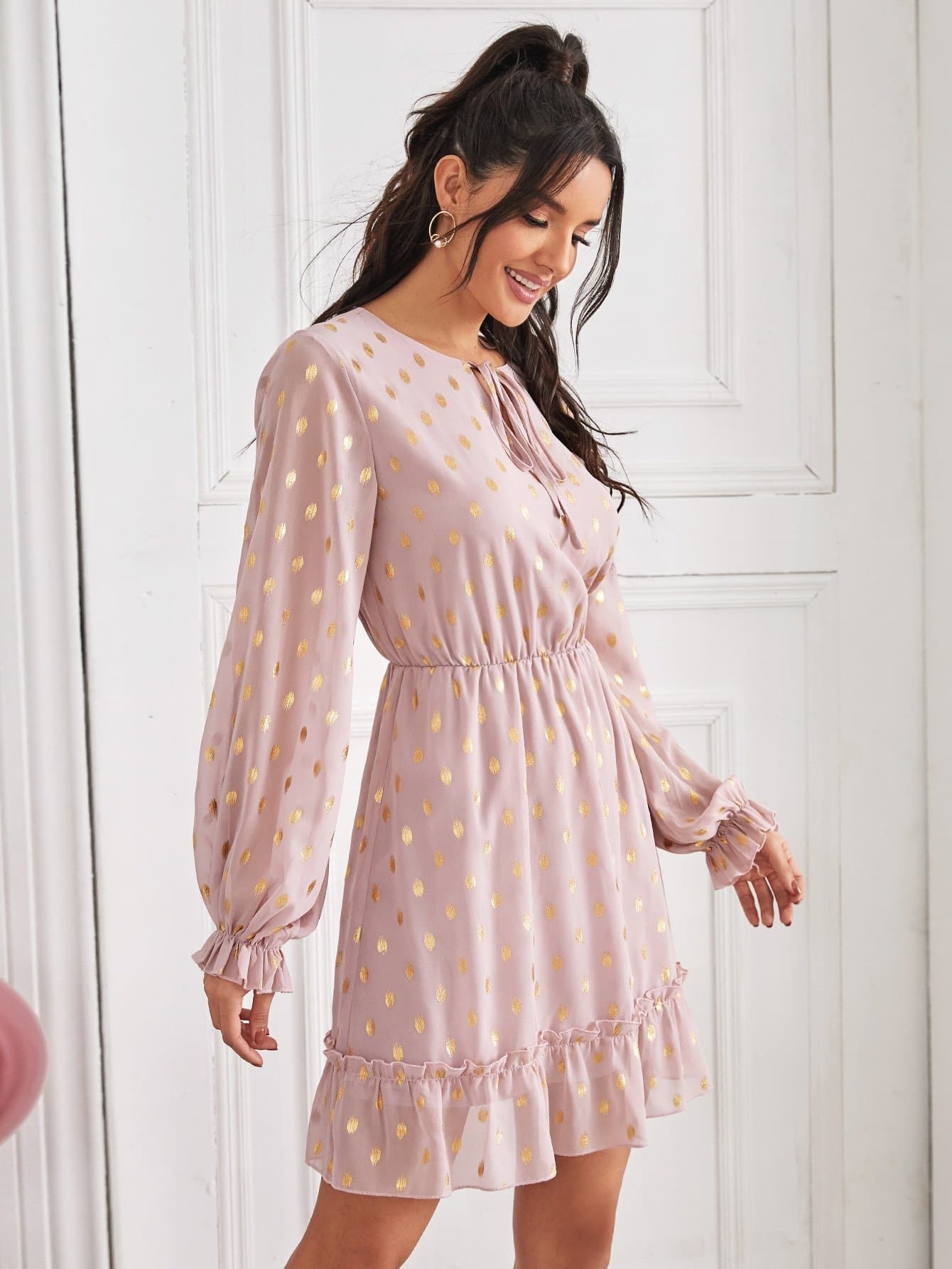 Boho Tie Neck Gilding Print Bishop Sleeve High Waist Chiffon Dress
