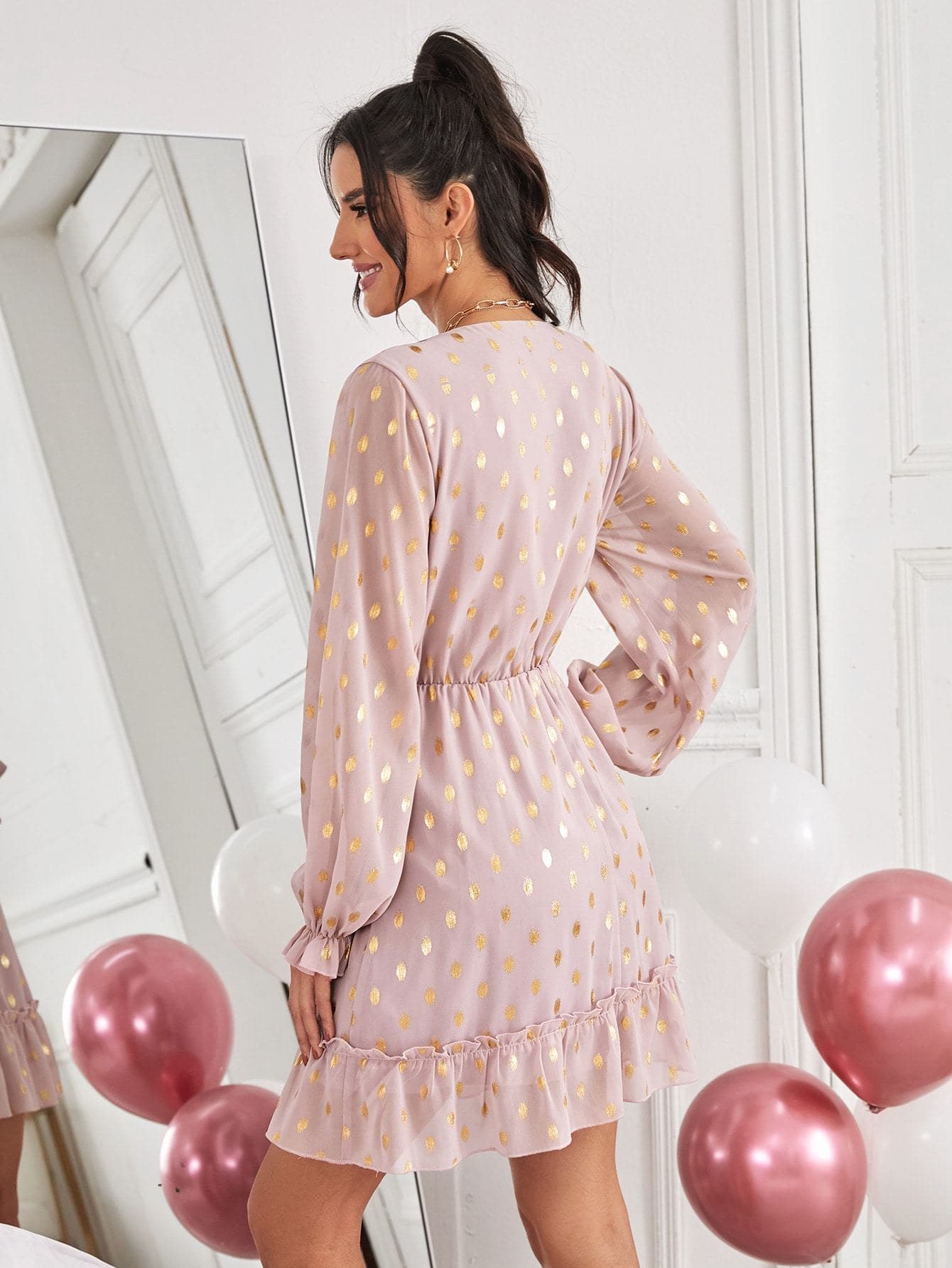 Boho Tie Neck Gilding Print Bishop Sleeve High Waist Chiffon Dress