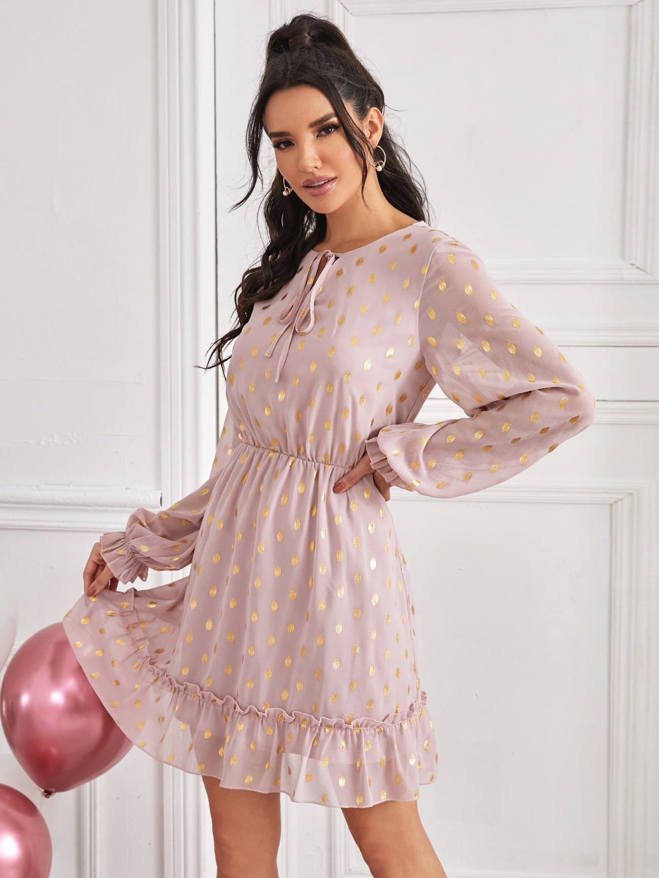 Boho Tie Neck Gilding Print Bishop Sleeve High Waist Chiffon Dress