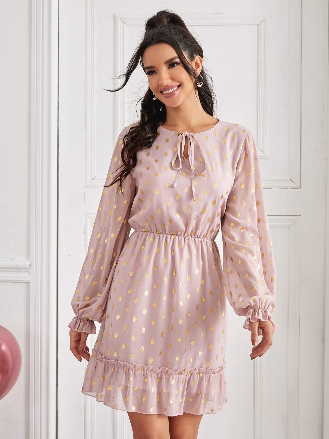 Boho Tie Neck Gilding Print Bishop Sleeve High Waist Chiffon Dress