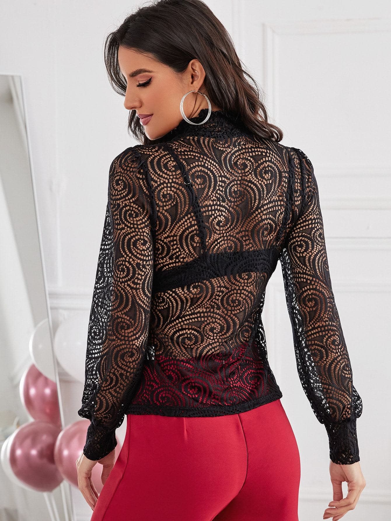 Stand Collar Mock Neck Sheer Lace Top