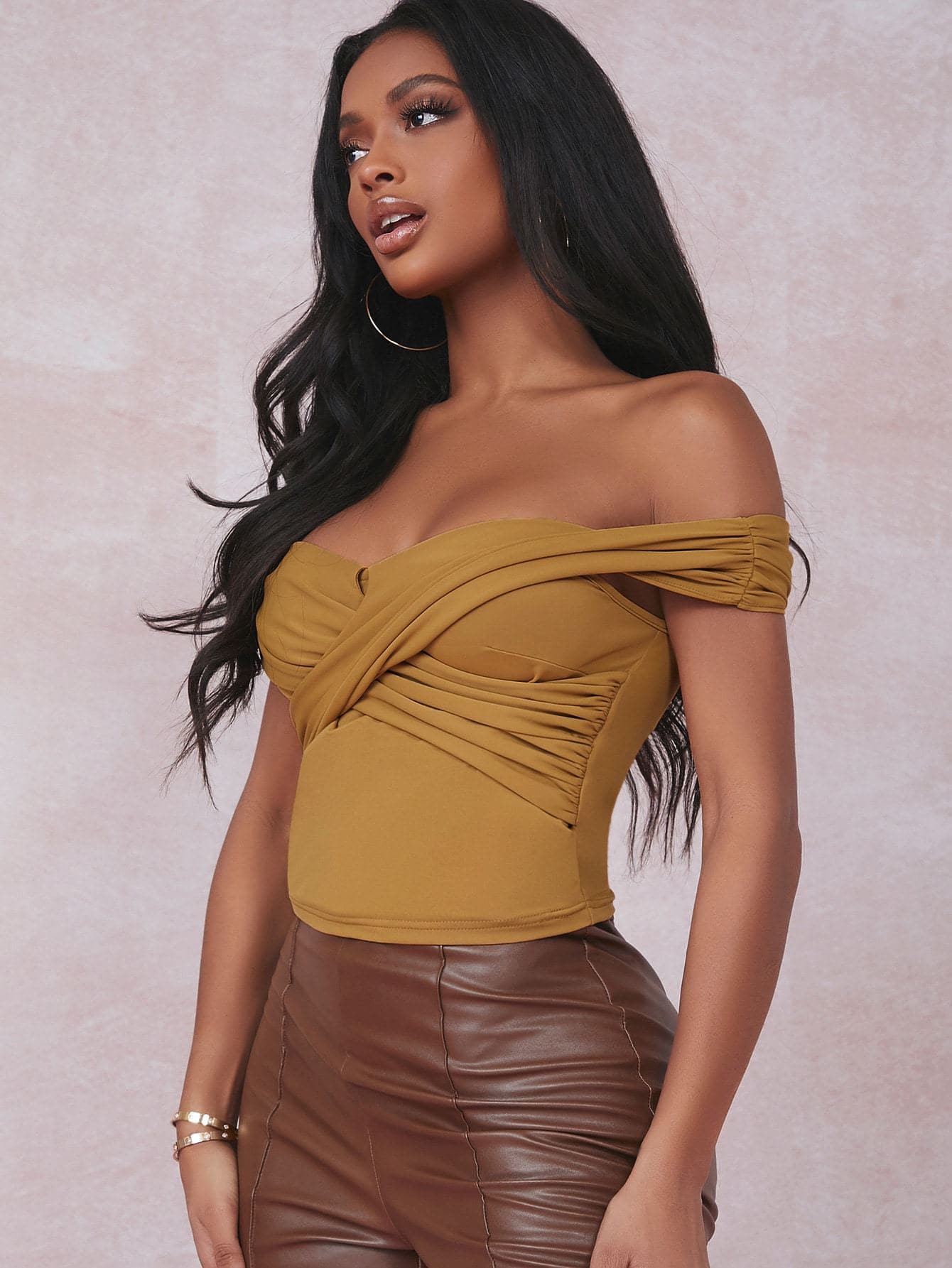 Off Shoulder Ruched Twist Front Crop Top