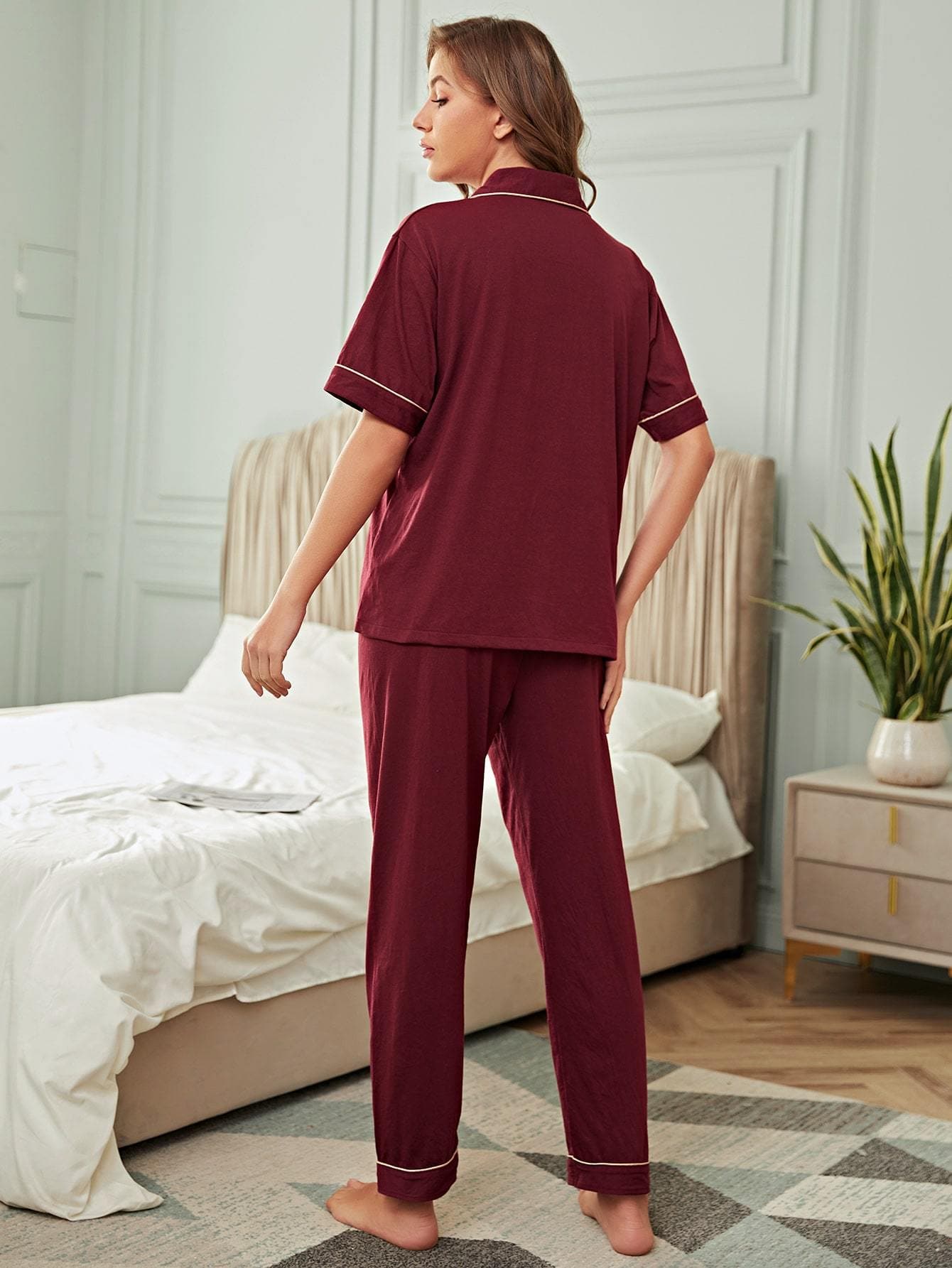 Burgundy Letter Embroidery Contrast Binding Pyjama Sleepwear Set