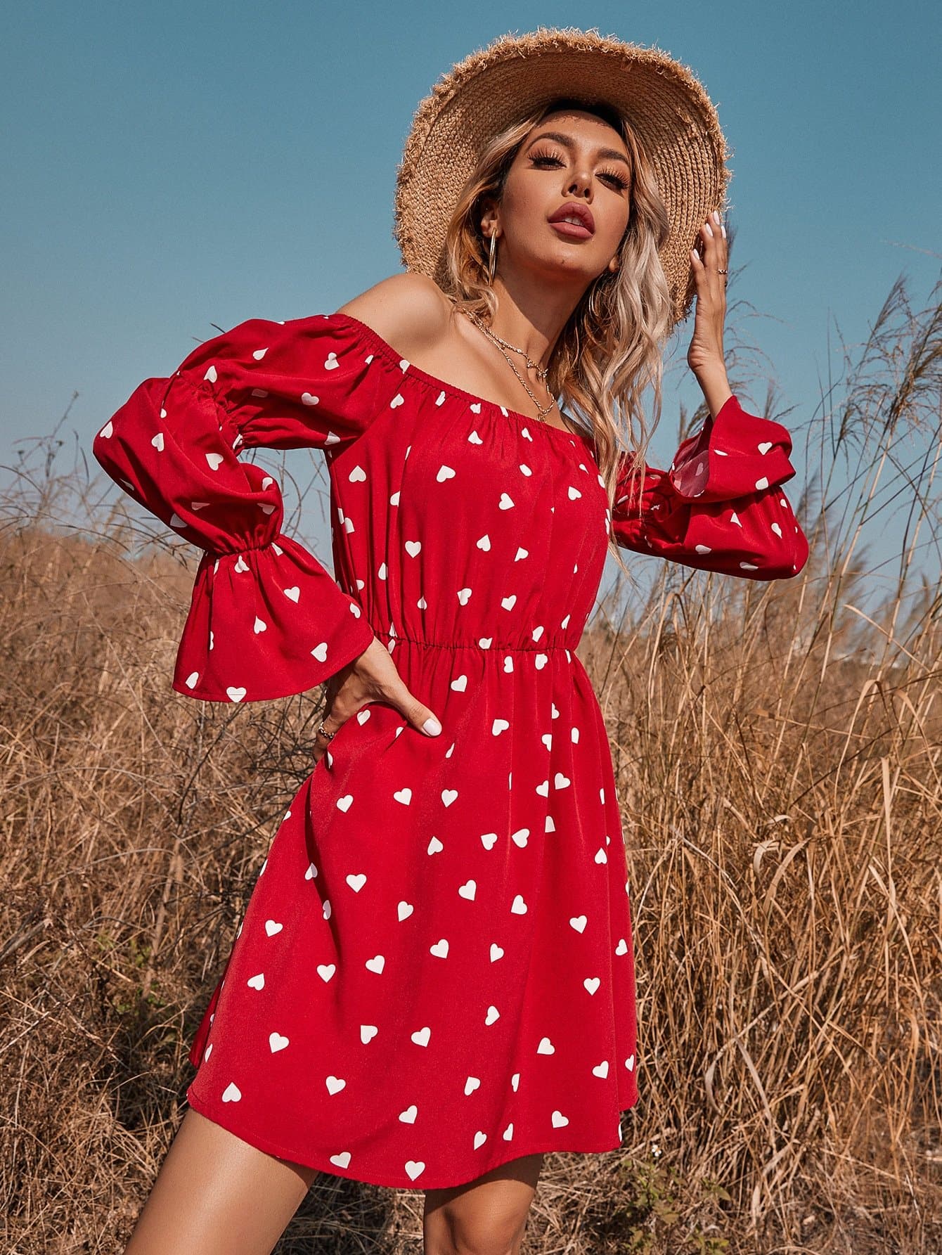 Heart Print Off Shoulder Flounce Sleeve A-line High Waist Dress
