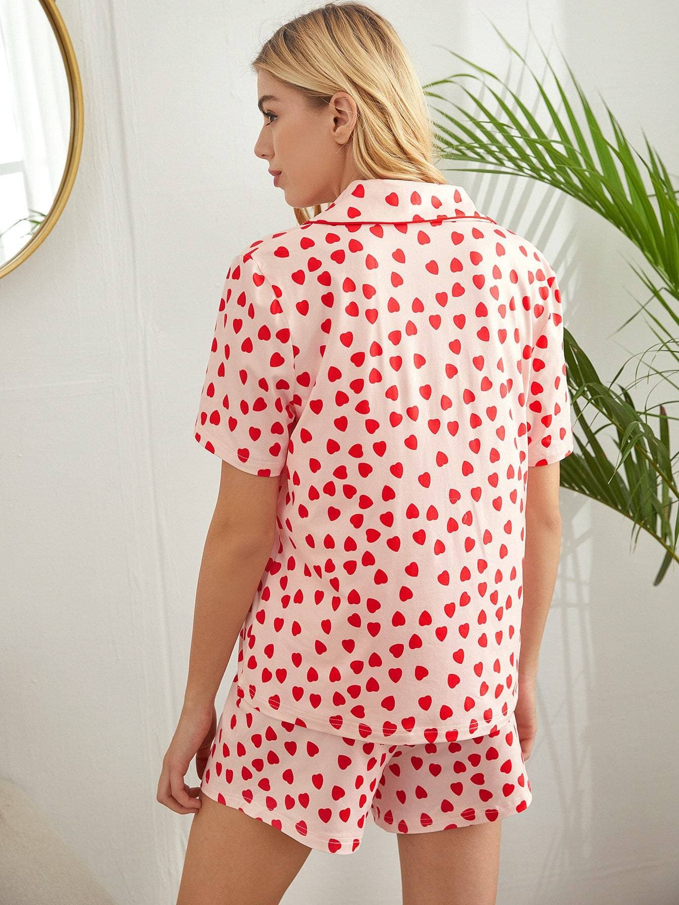 Allover Heart Print Contrast Binding Button Front Pyjama Sleepwear Set