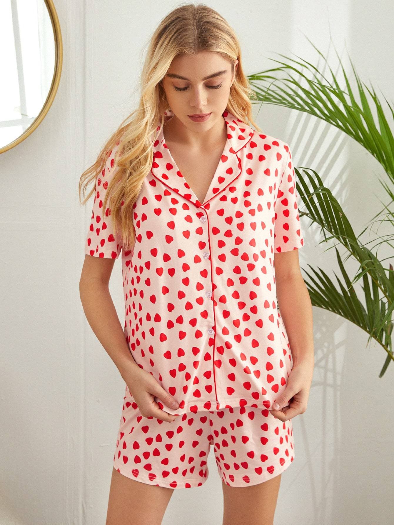 Allover Heart Print Contrast Binding Button Front Pyjama Sleepwear Set