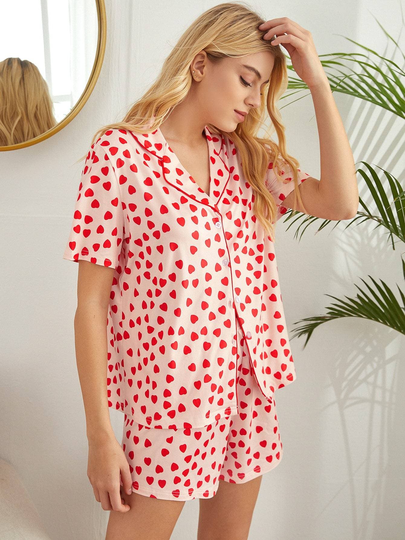 Allover Heart Print Contrast Binding Button Front Pyjama Sleepwear Set