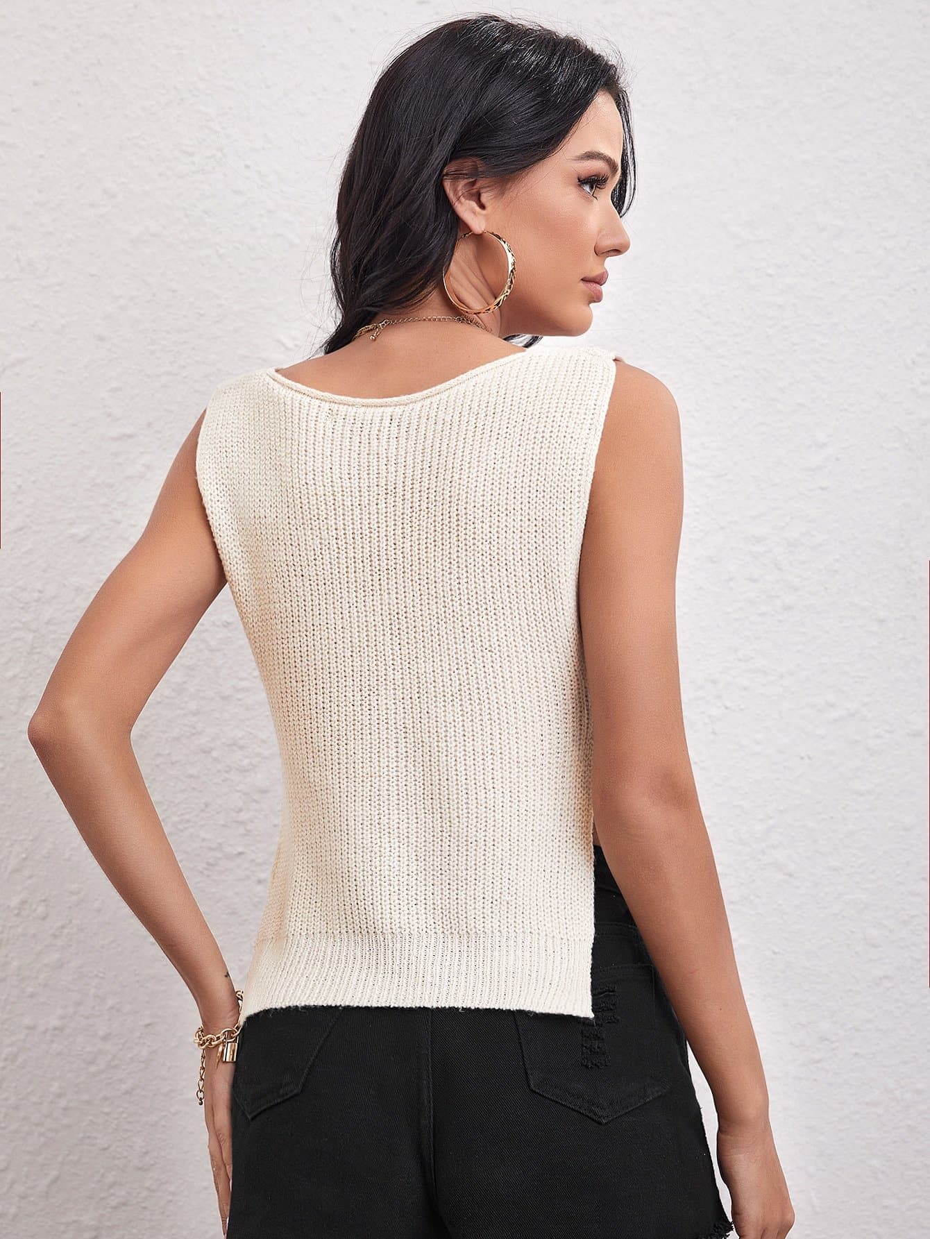 V-Neck Sleeveless Button Side Sweater Vest Top