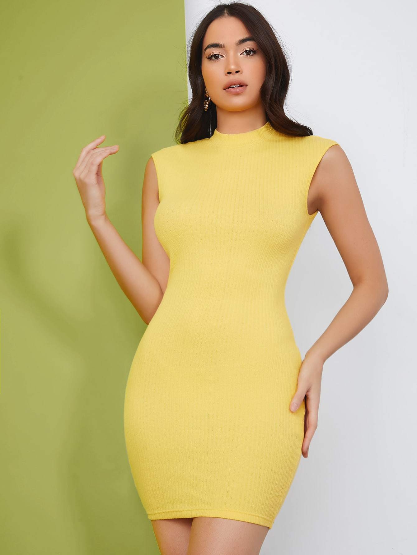 Stand Collar Mock Neck Rib-knit Slim Fit Dress