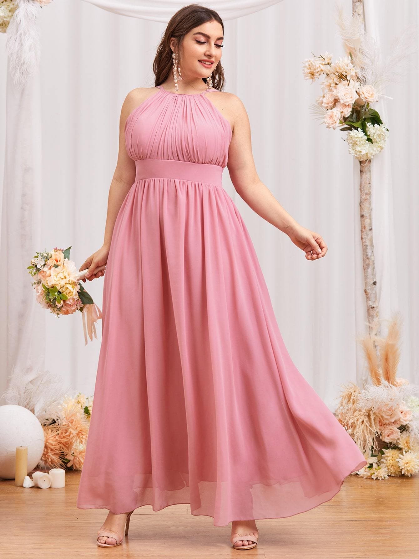 Plus Dusty Pink High Waist Sleeveless Halter Prom Dress