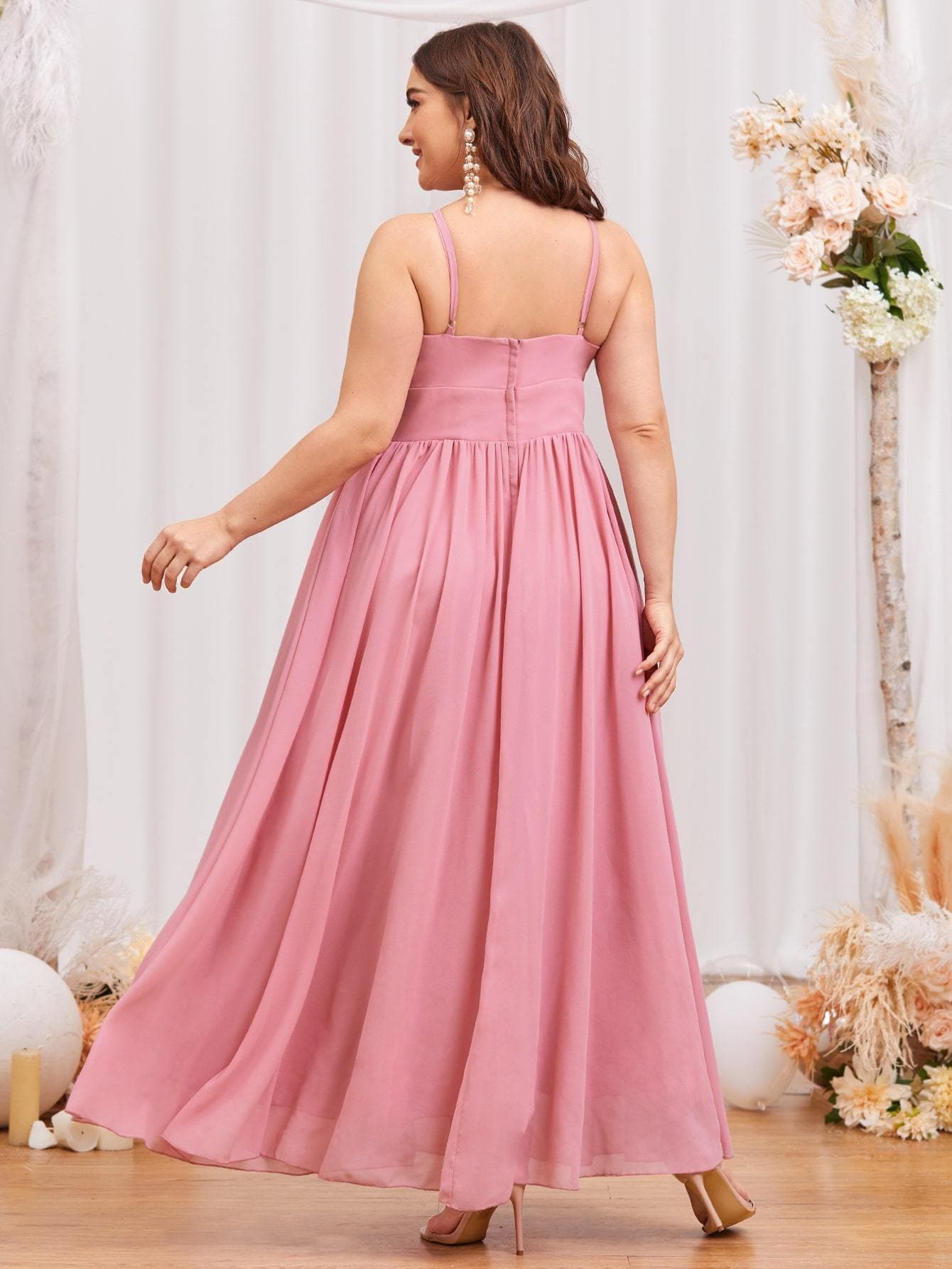 Plus Dusty Pink High Waist Sleeveless Halter Prom Dress