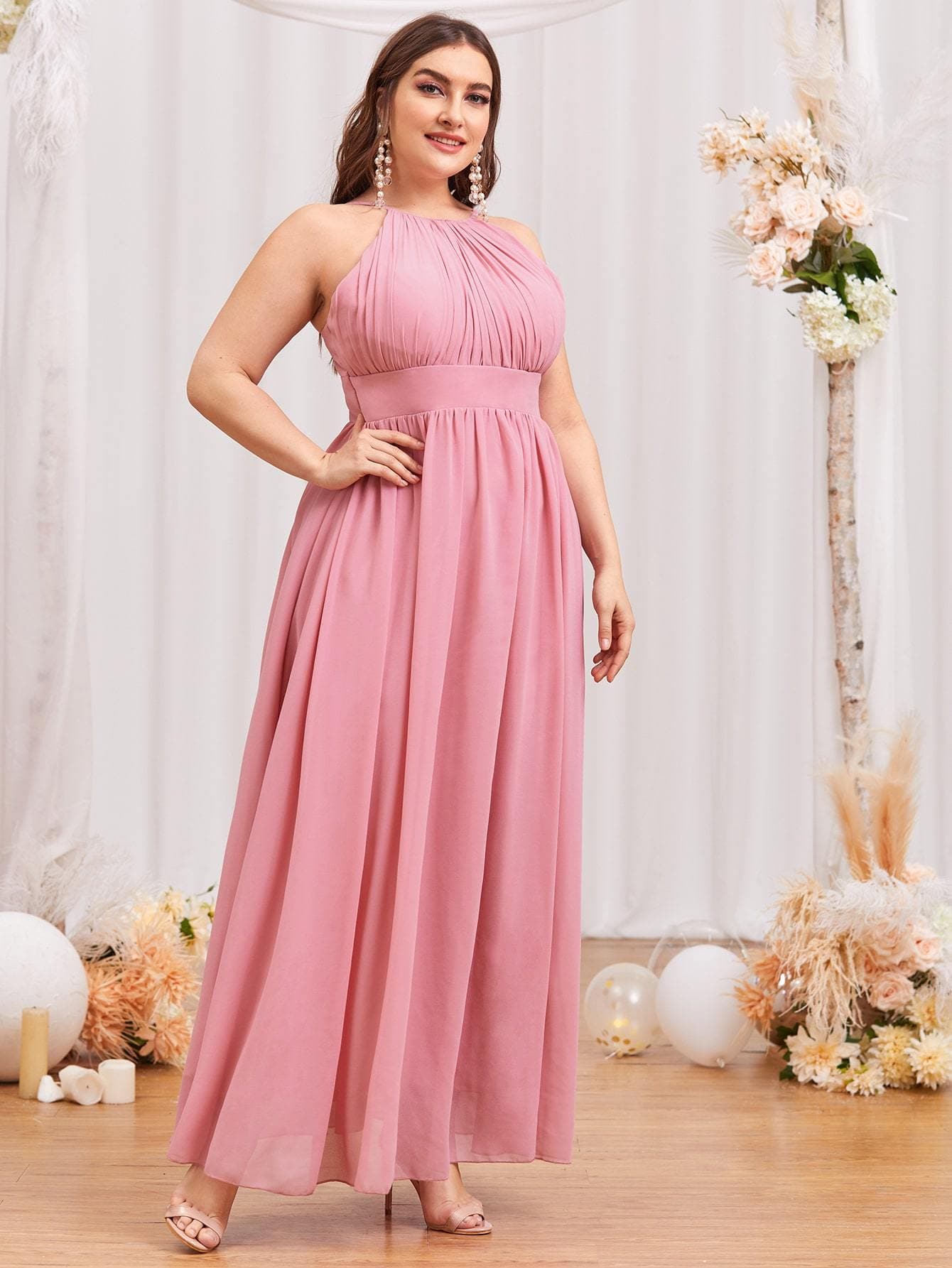 Plus Dusty Pink High Waist Sleeveless Halter Prom Dress