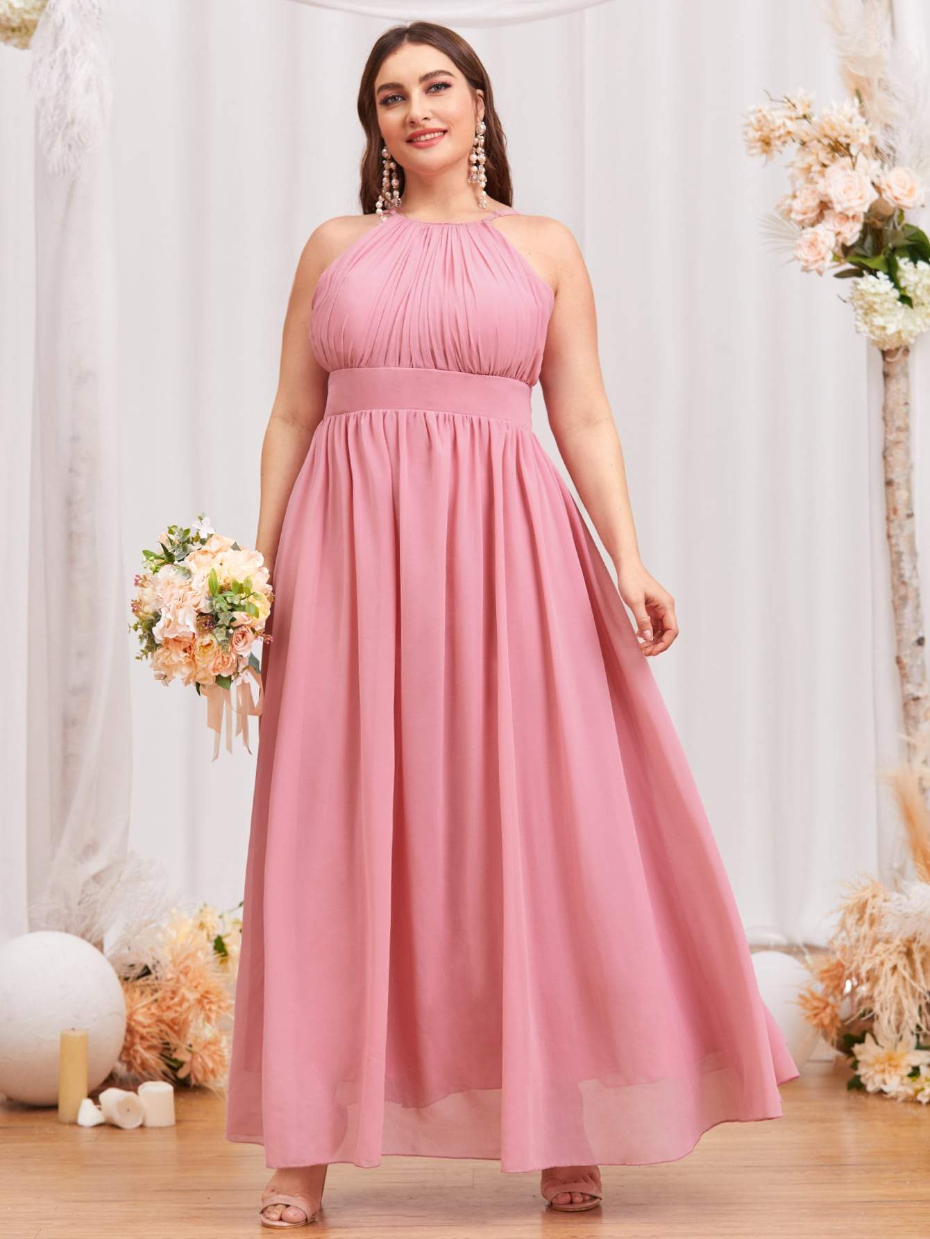 Plus Dusty Pink High Waist Sleeveless Halter Prom Dress