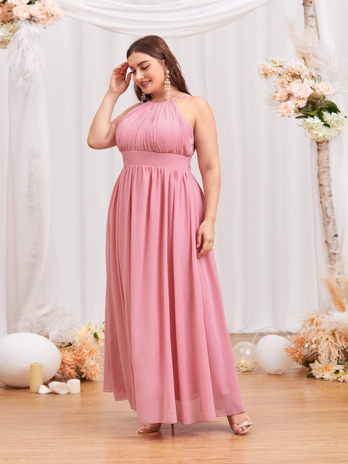 Plus Dusty Pink High Waist Sleeveless Halter Prom Dress