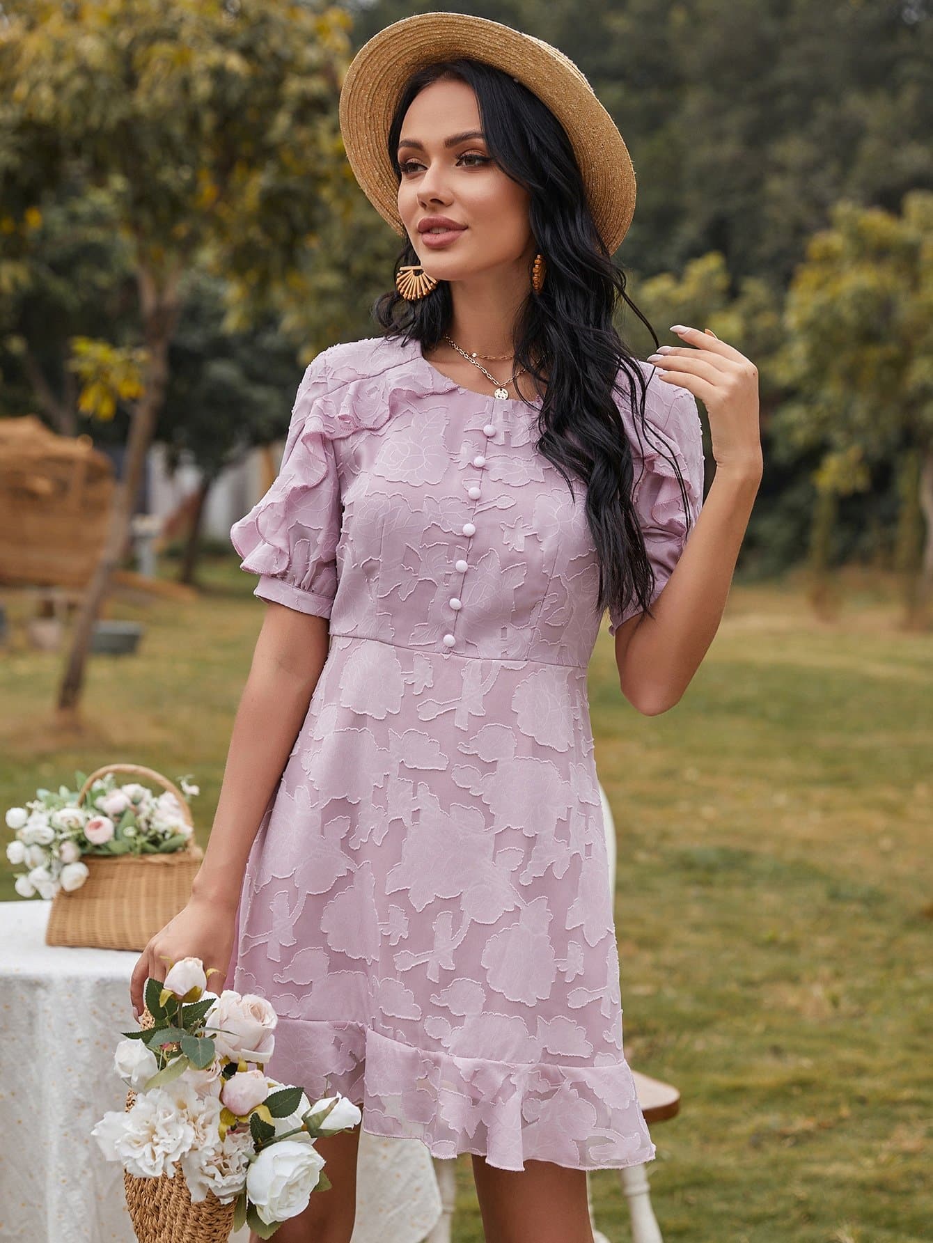 Round Neck Solid Ruffle Trim Button Front High Waist Dress