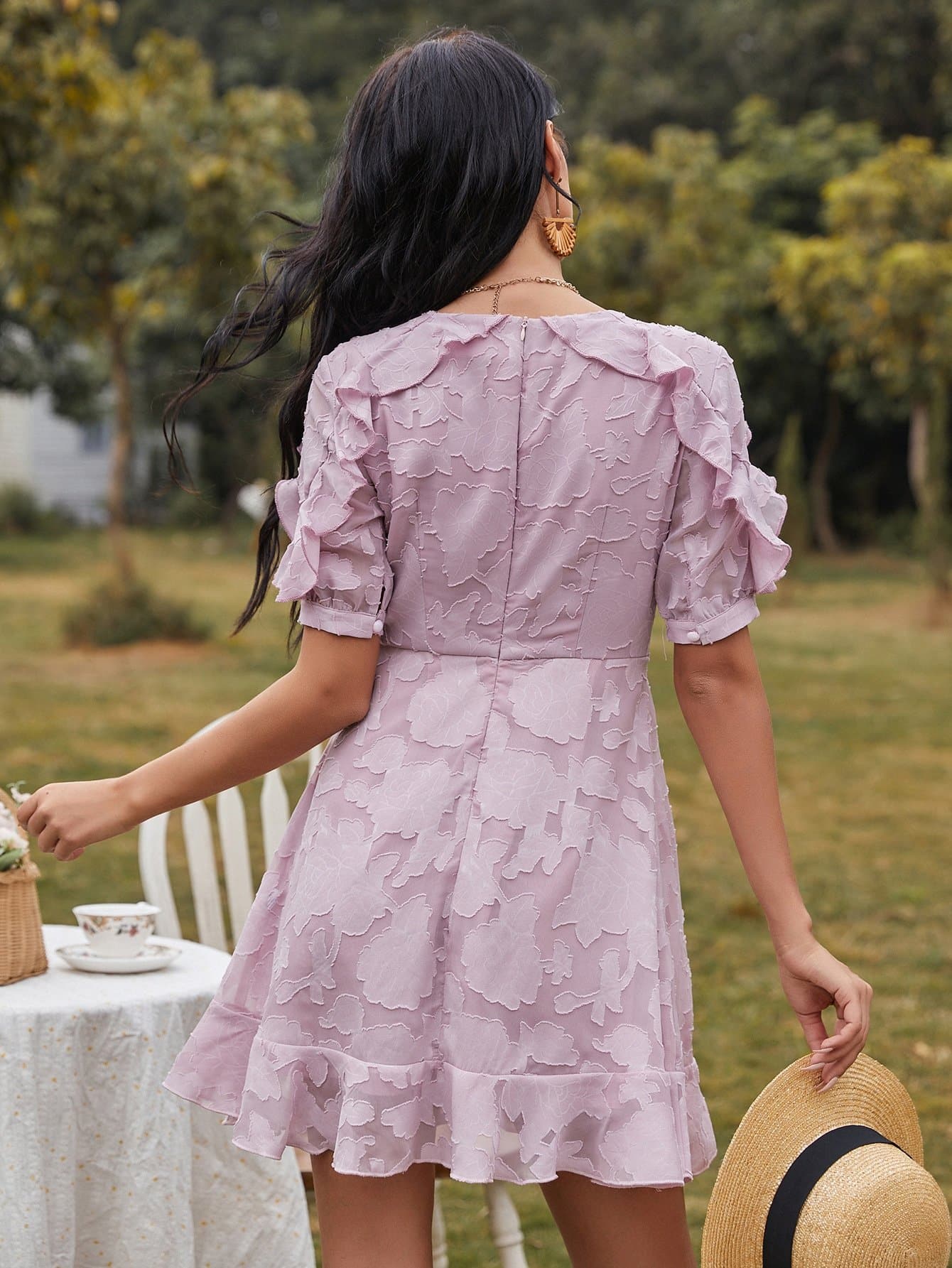 Round Neck Solid Ruffle Trim Button Front High Waist Dress