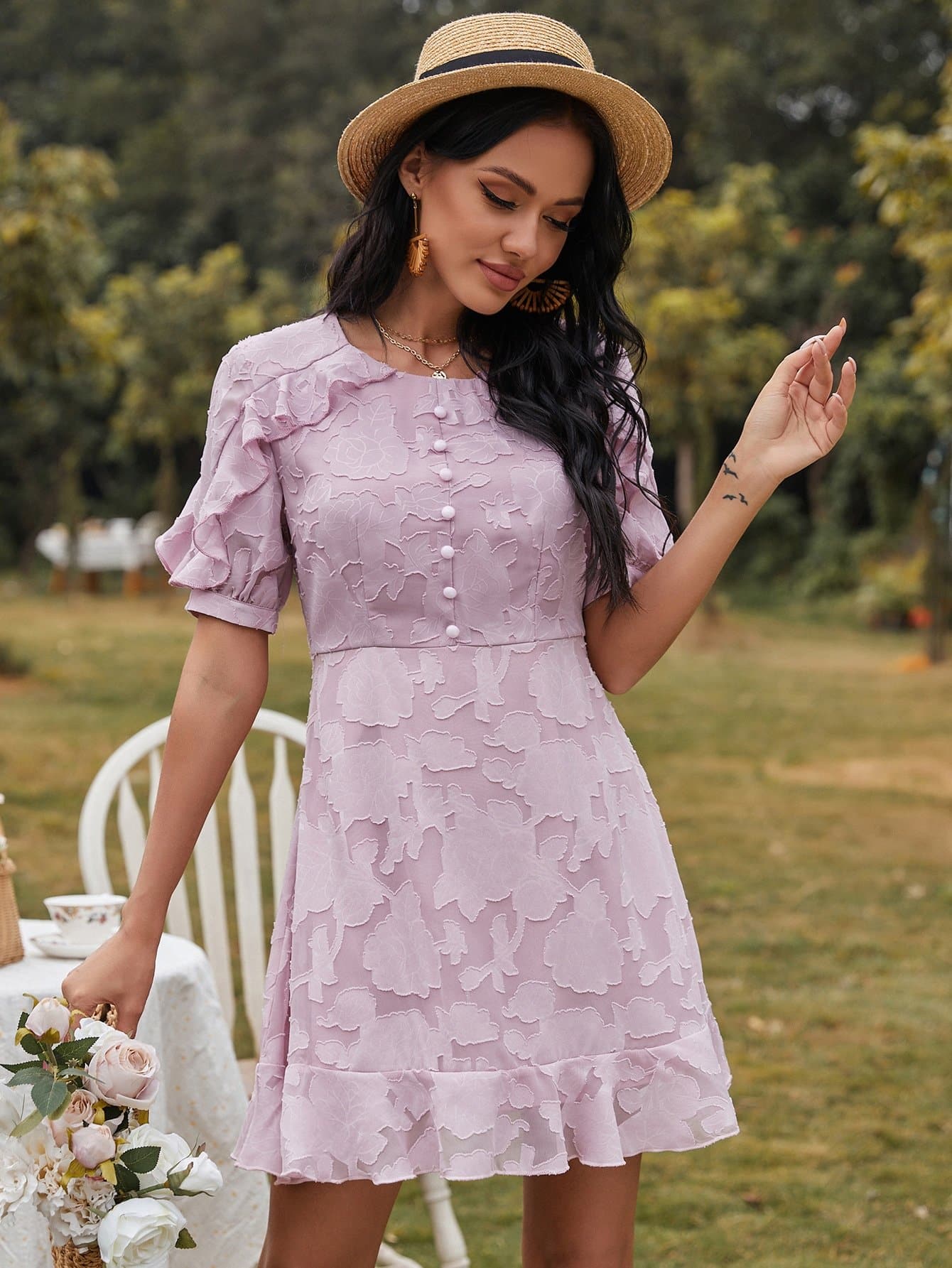 Round Neck Solid Ruffle Trim Button Front High Waist Dress