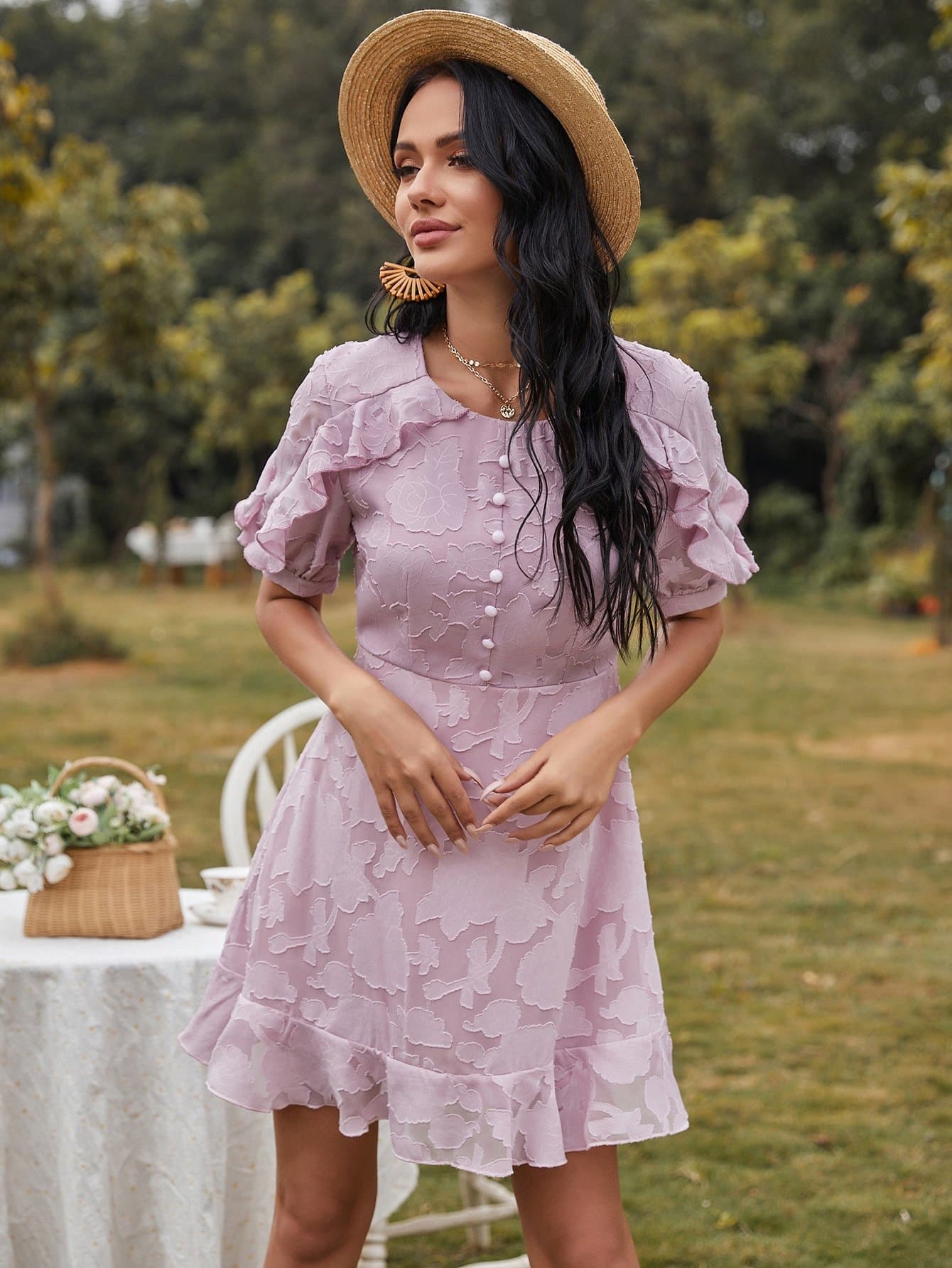 Round Neck Solid Ruffle Trim Button Front High Waist Dress