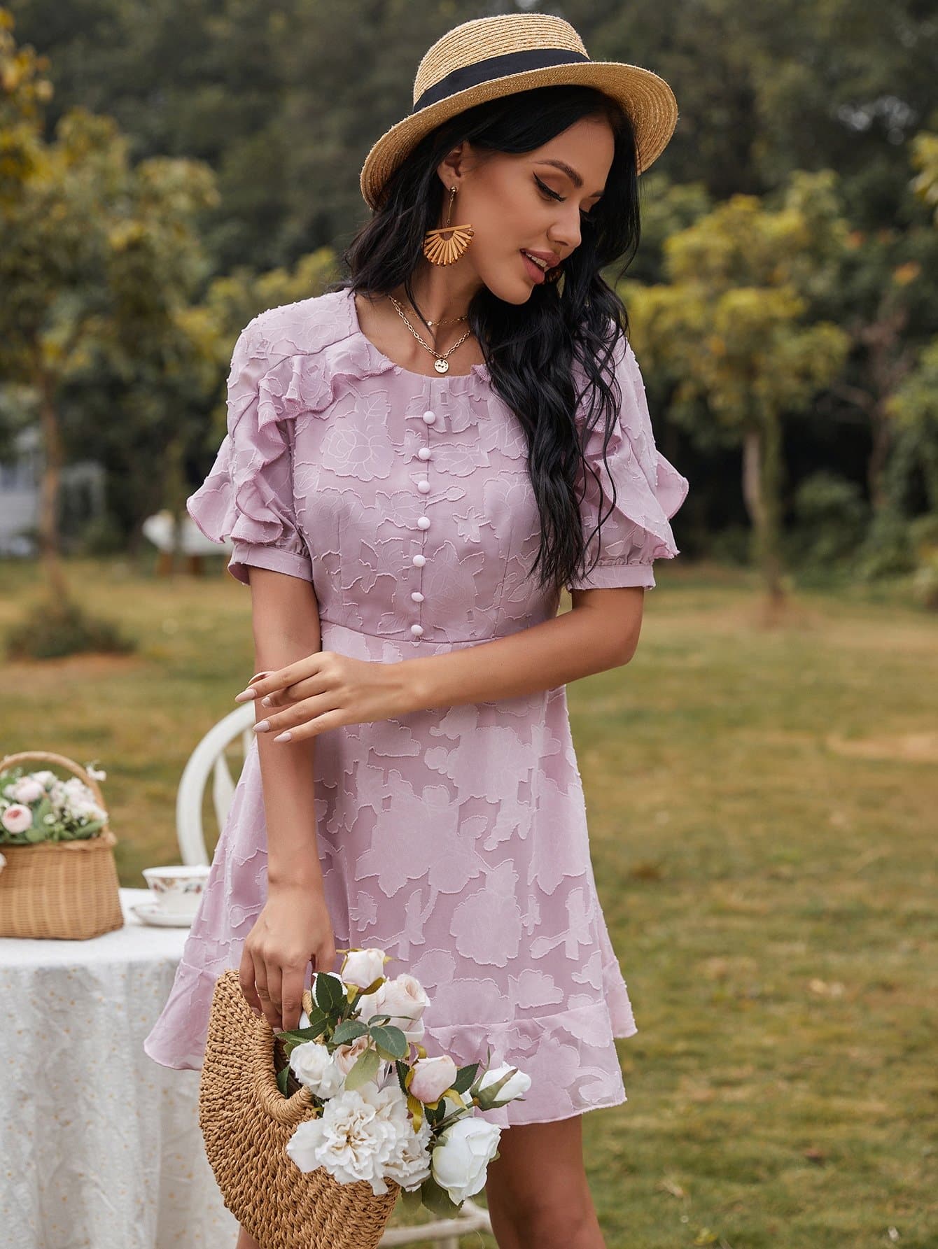 Round Neck Solid Ruffle Trim Button Front High Waist Dress