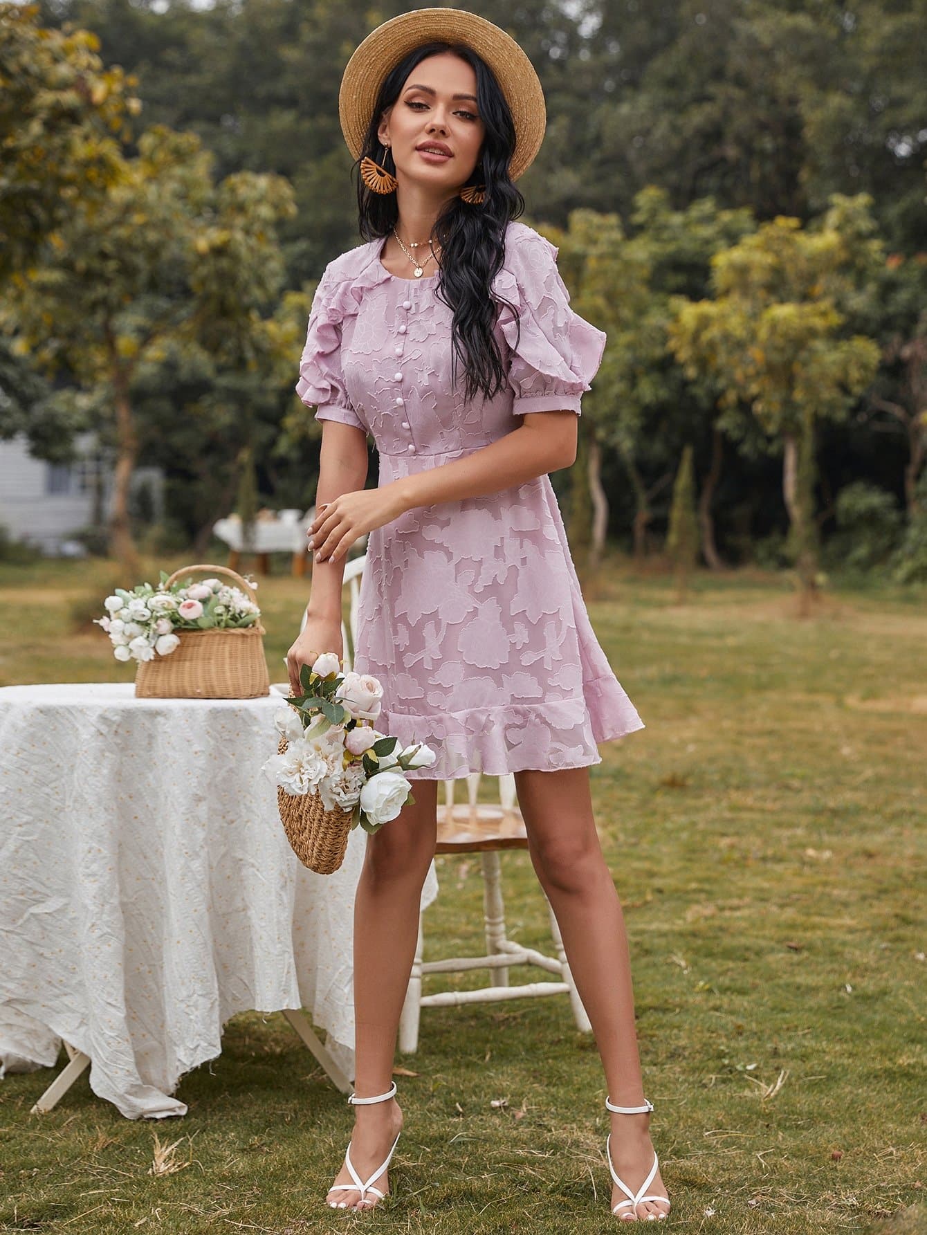 Round Neck Solid Ruffle Trim Button Front High Waist Dress