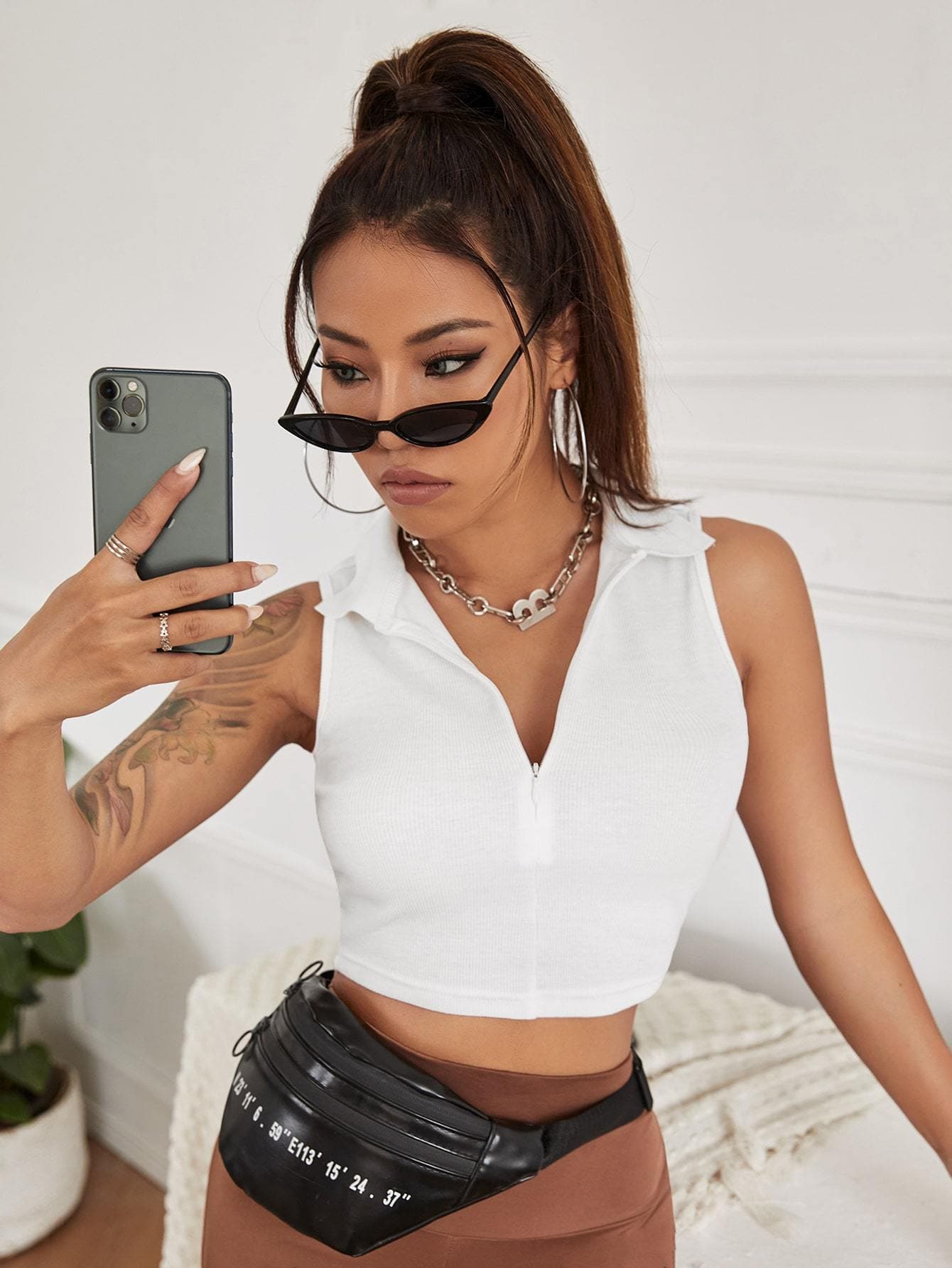 White Zip Up Slim Fit Crop Tank Top