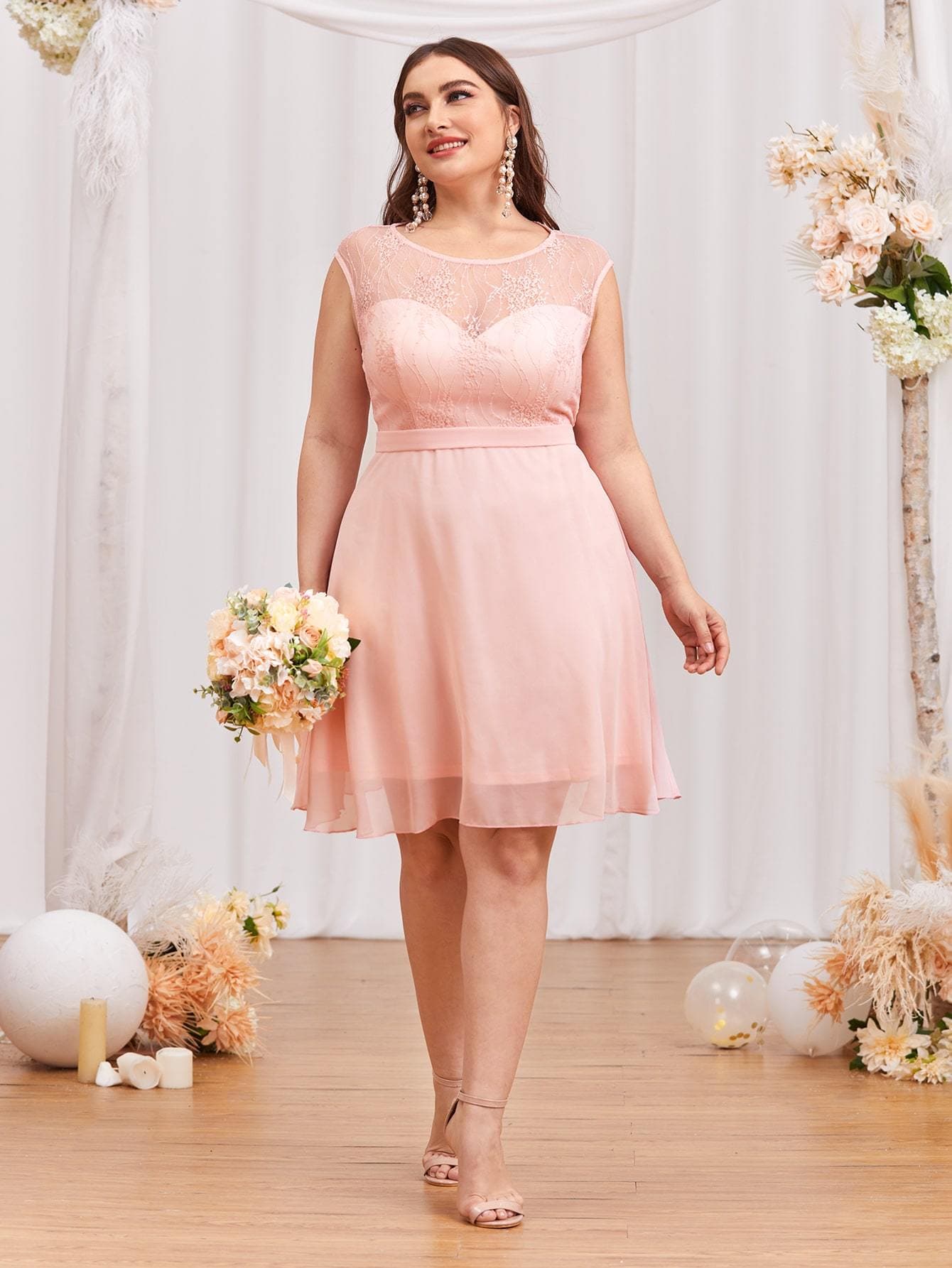 Plus Baby Pink Round Neck Chiffon Contrast Embroidery Mesh Prom Dress