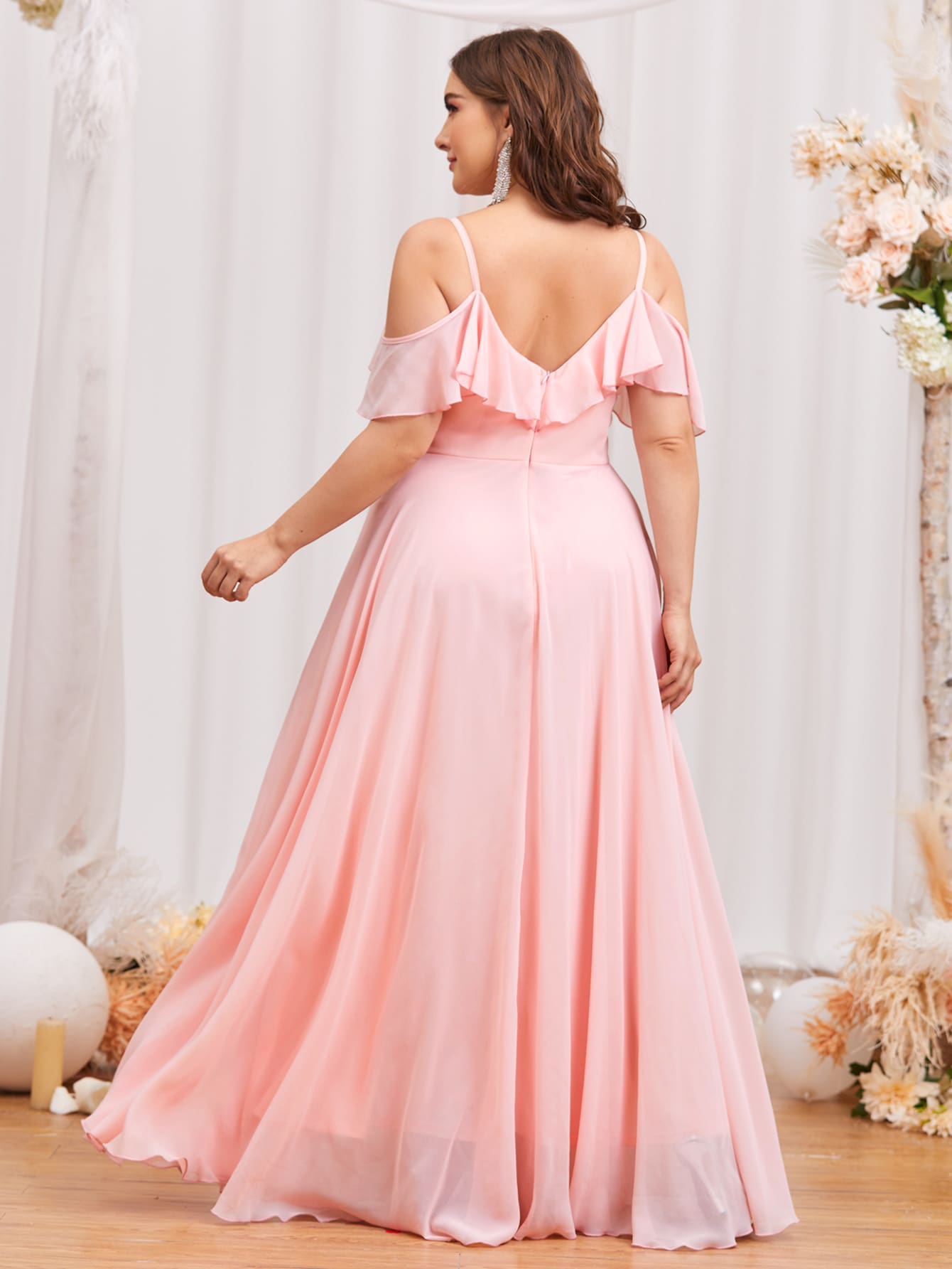 Plus Baby Pink Chiffon Cold Shoulder Ruffle Trim Maxi Prom Dress