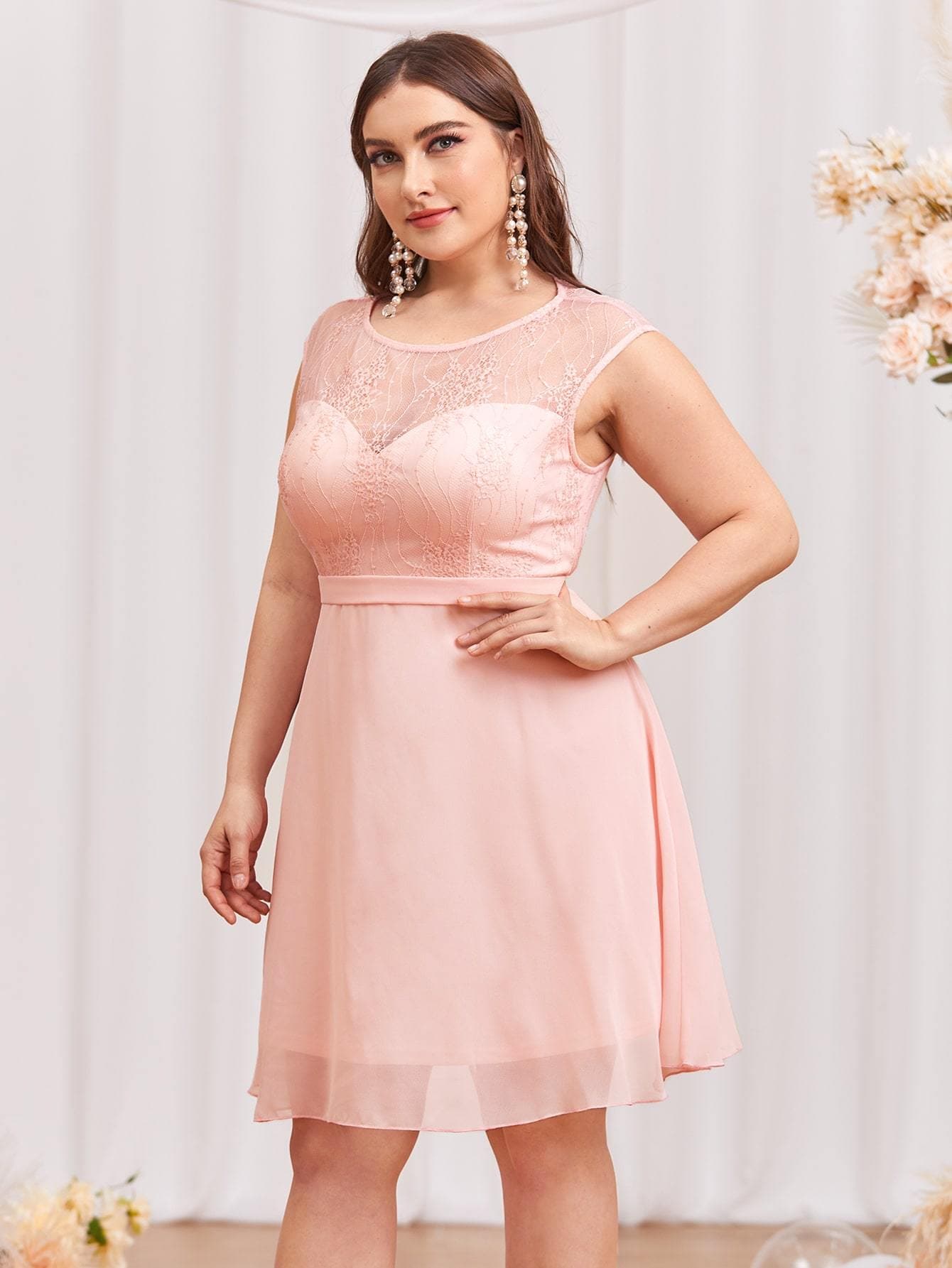 Plus Baby Pink Round Neck Chiffon Contrast Embroidery Mesh Prom Dress