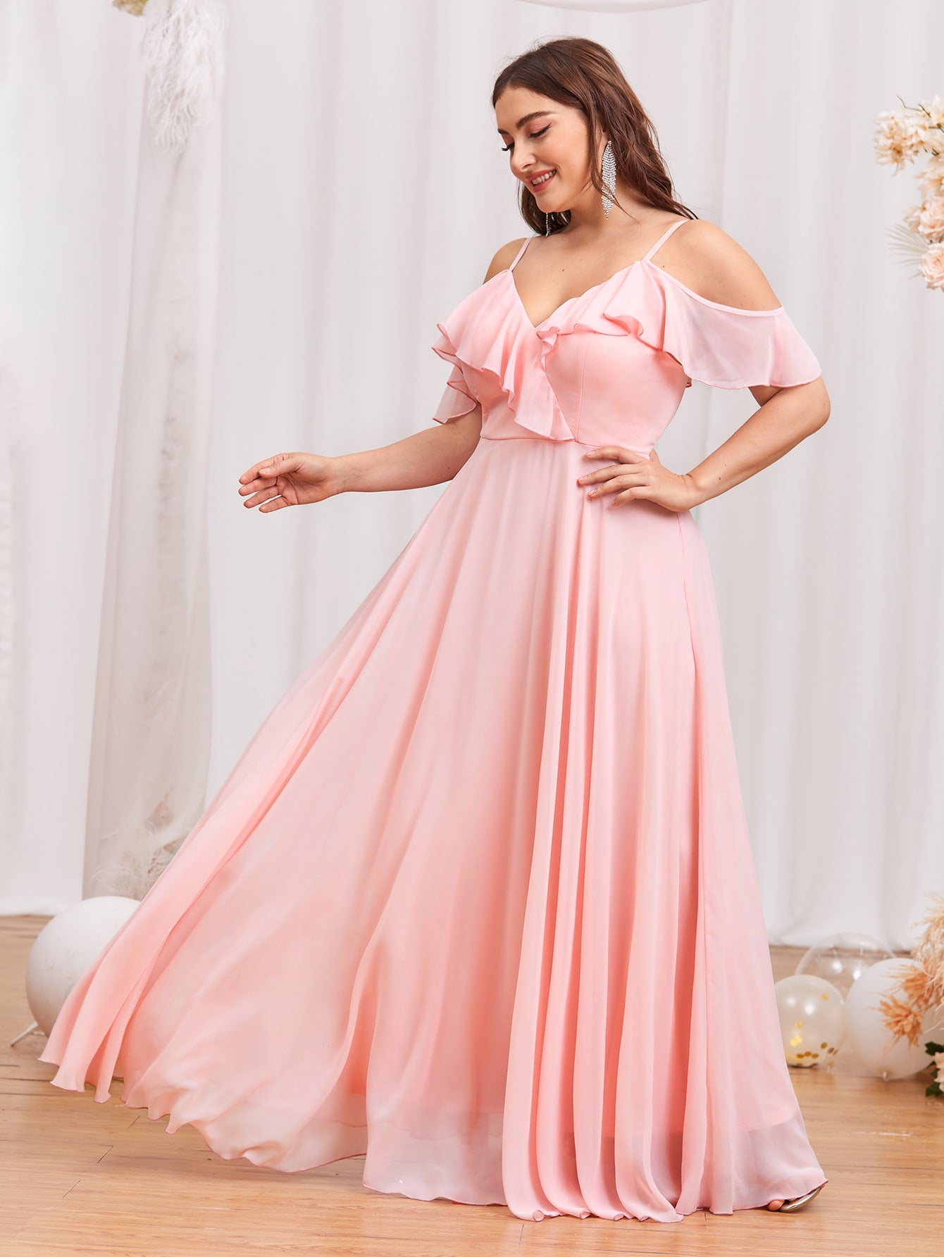 Plus Baby Pink Chiffon Cold Shoulder Ruffle Trim Maxi Prom Dress