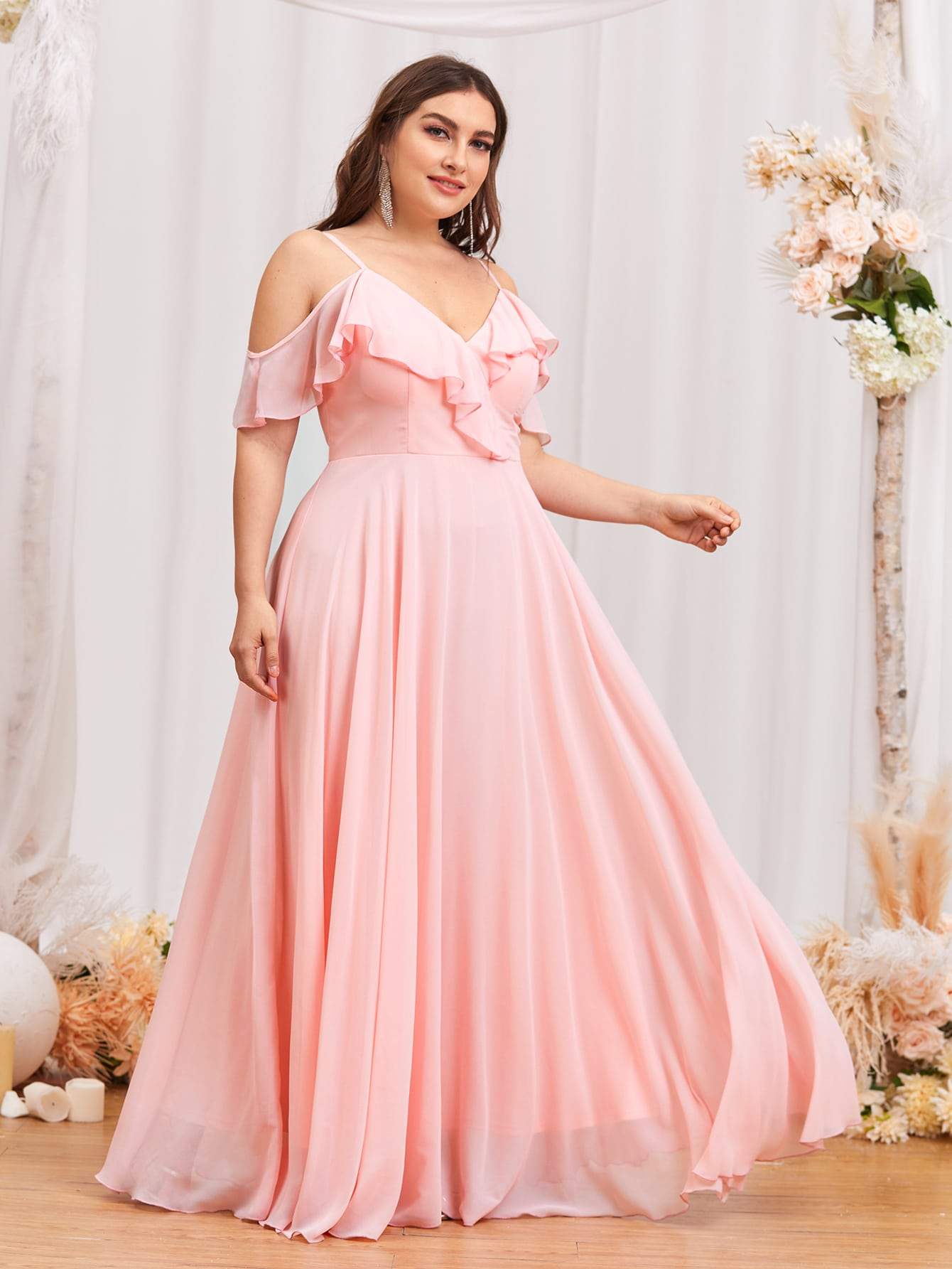 Plus Baby Pink Chiffon Cold Shoulder Ruffle Trim Maxi Prom Dress