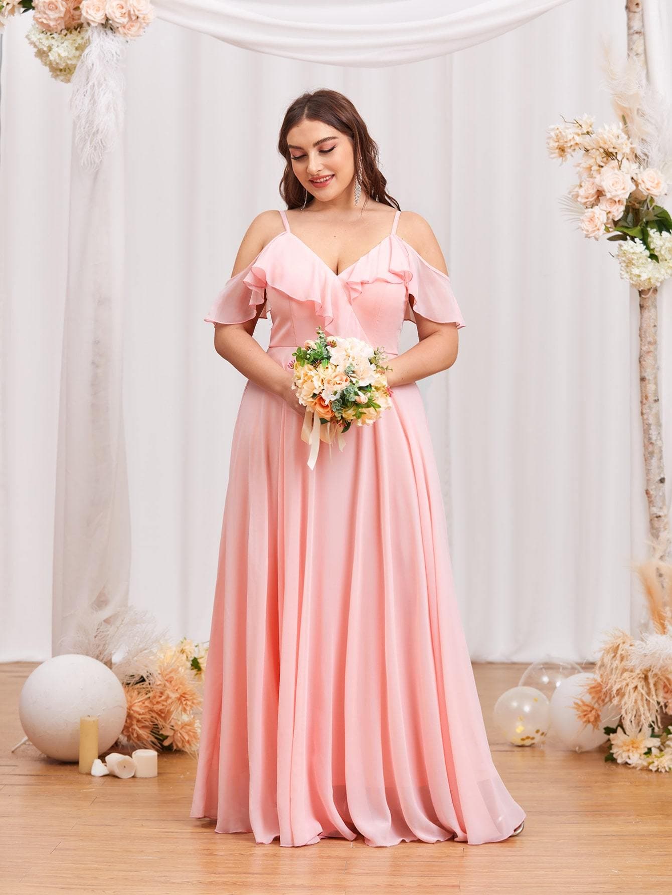 Plus Baby Pink Chiffon Cold Shoulder Ruffle Trim Maxi Prom Dress