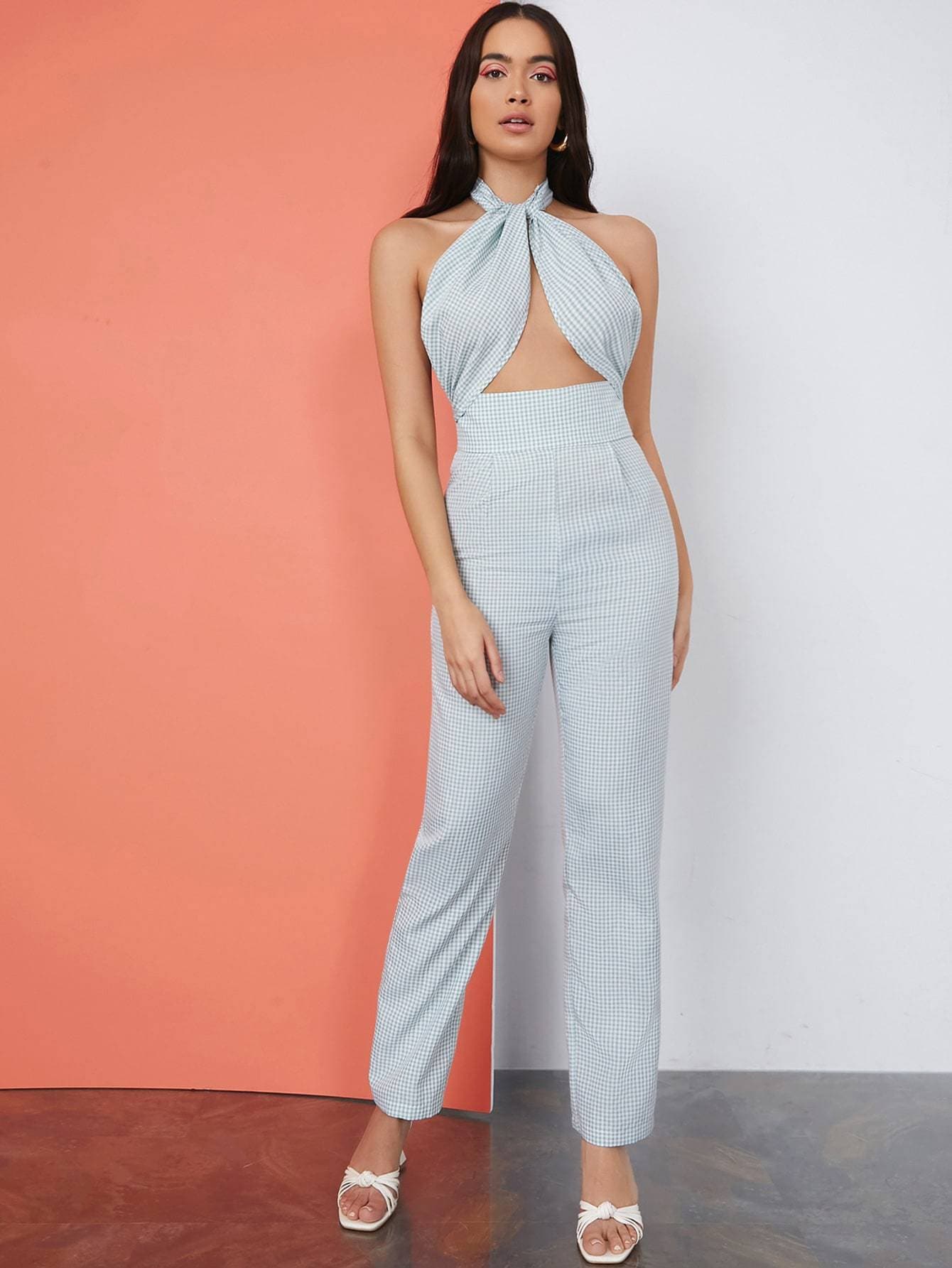 High Waist Cutout Front Backless Gingham Halter Jumpsuit