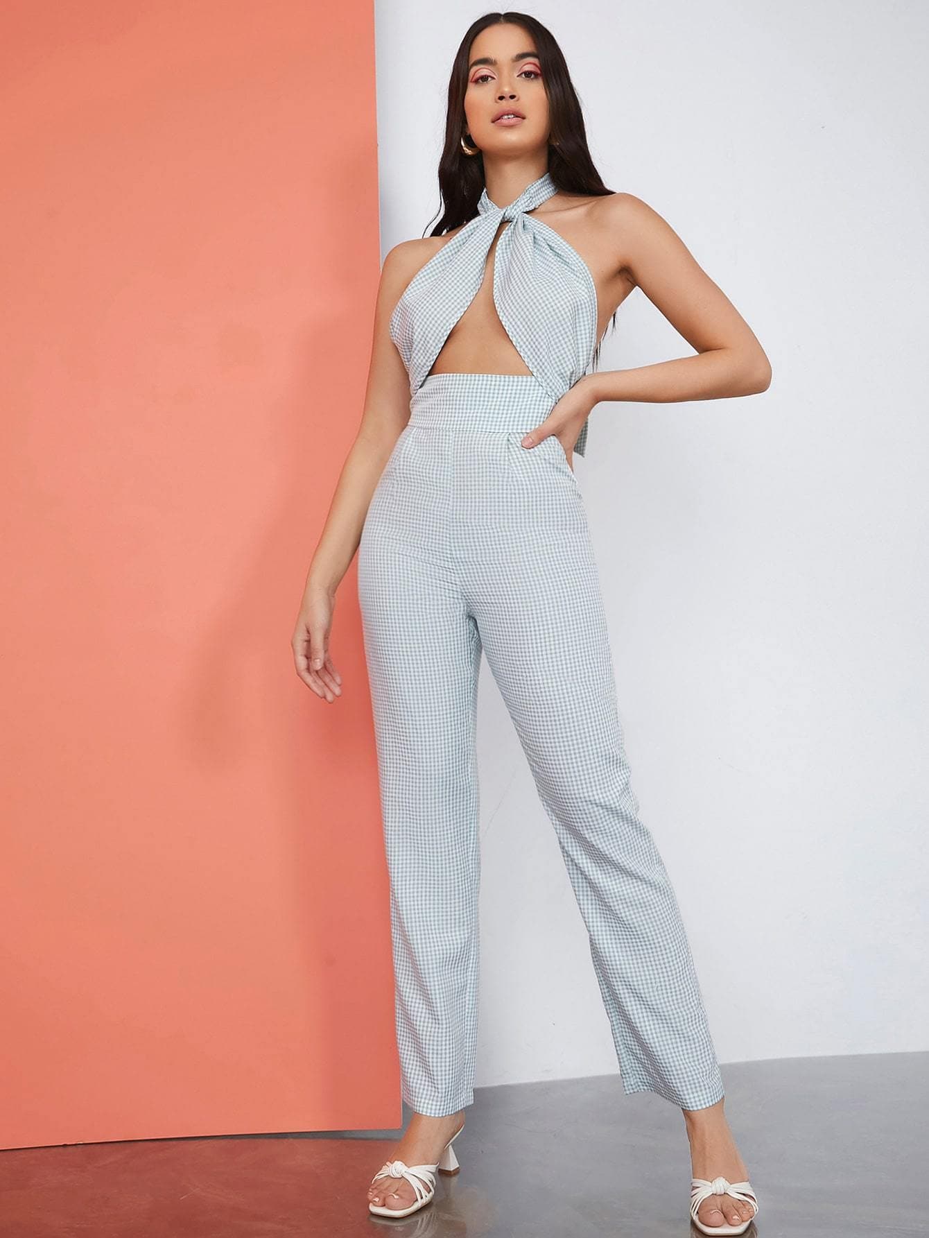 High Waist Cutout Front Backless Gingham Halter Jumpsuit