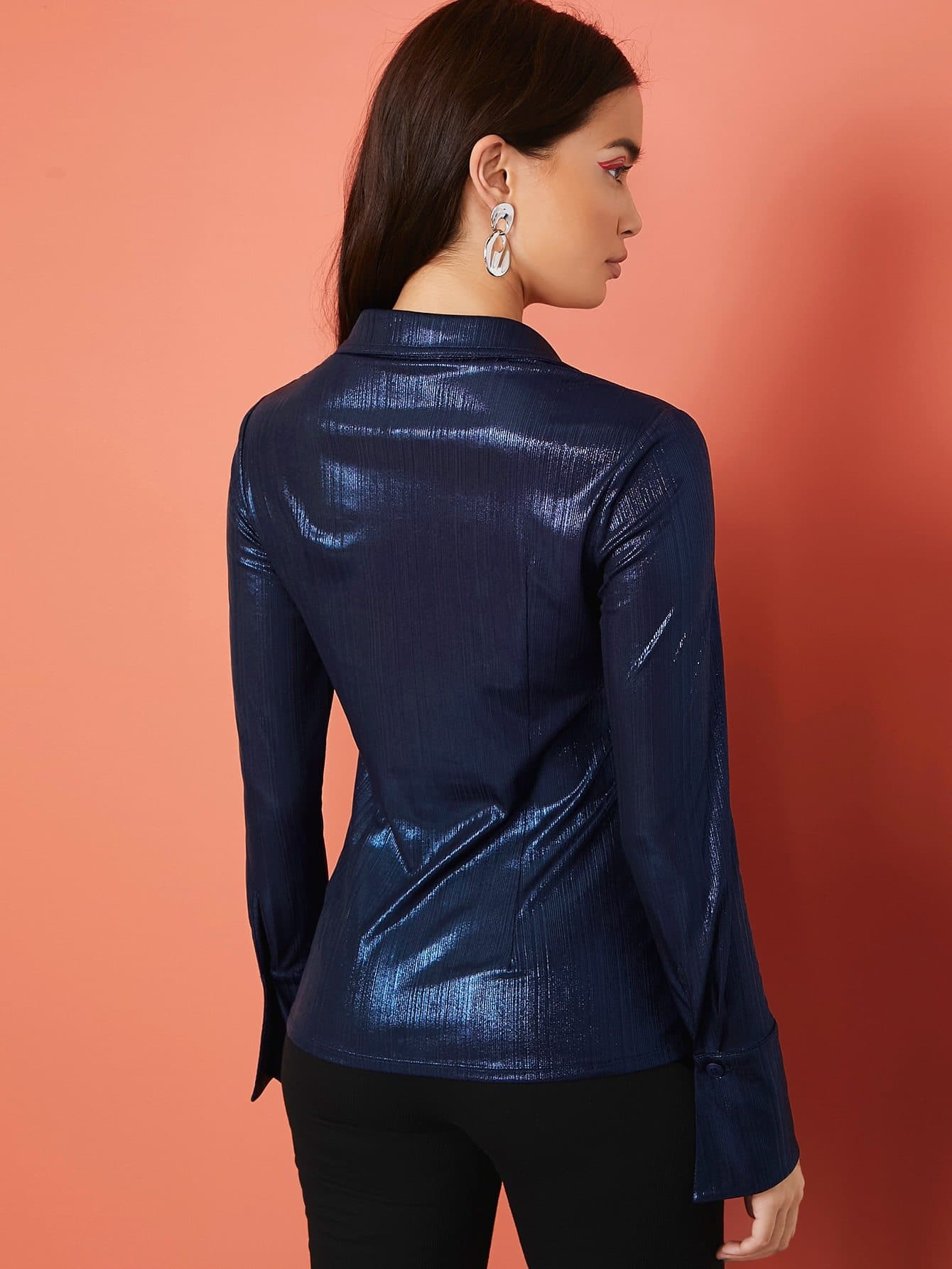 Single Breasted Patch Pocket Metallic Slim Fit Shirt Blouse