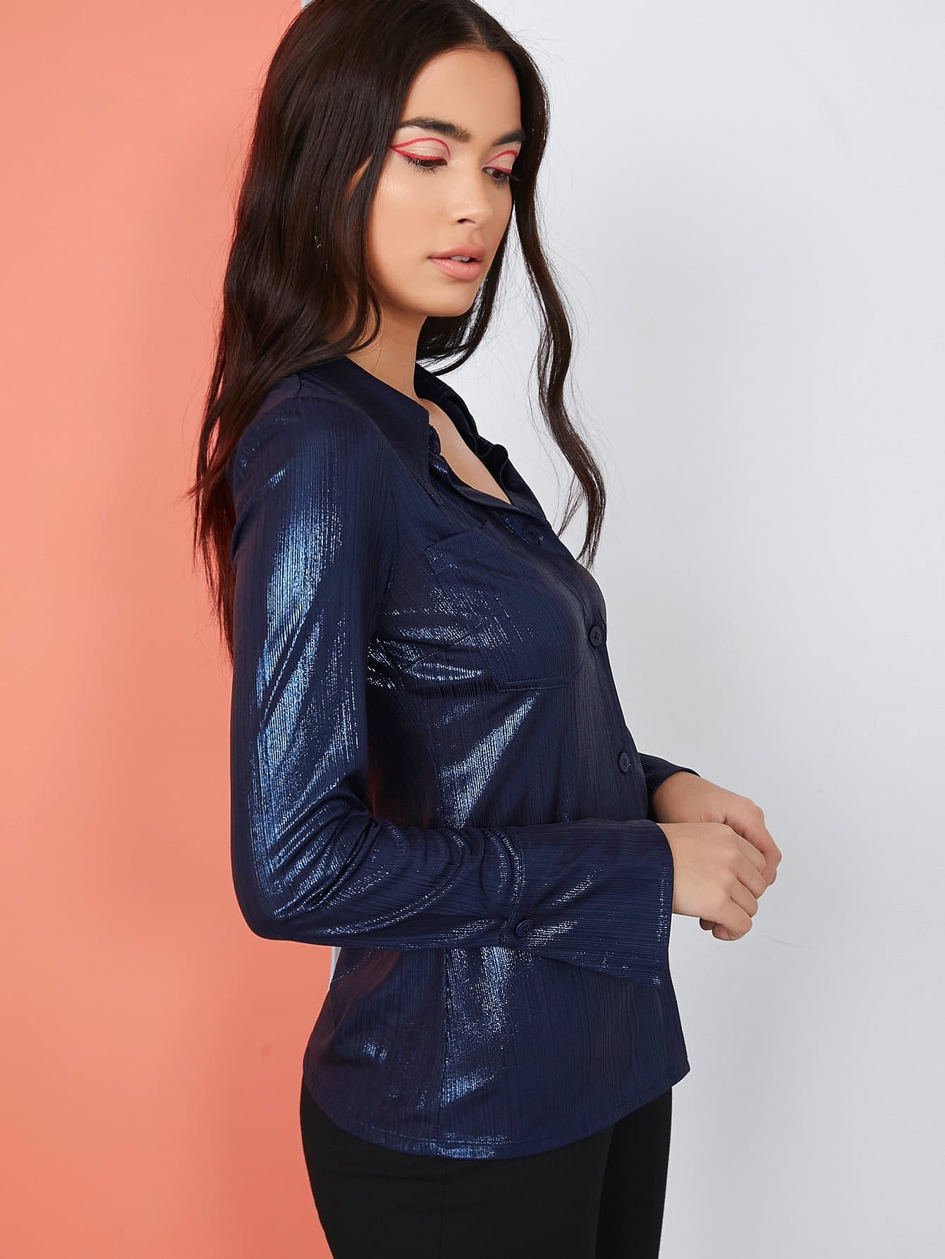 Single Breasted Patch Pocket Metallic Slim Fit Shirt Blouse