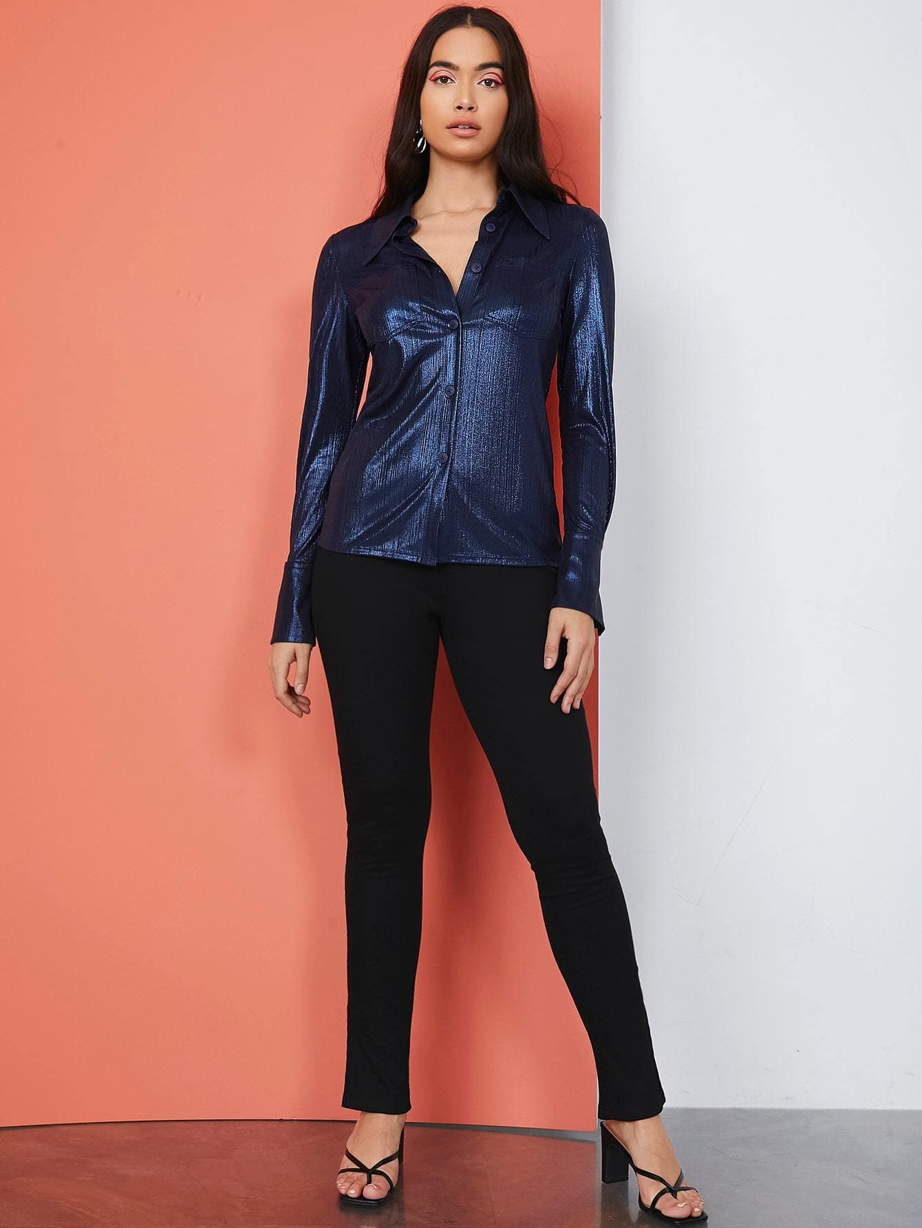 Single Breasted Patch Pocket Metallic Slim Fit Shirt Blouse