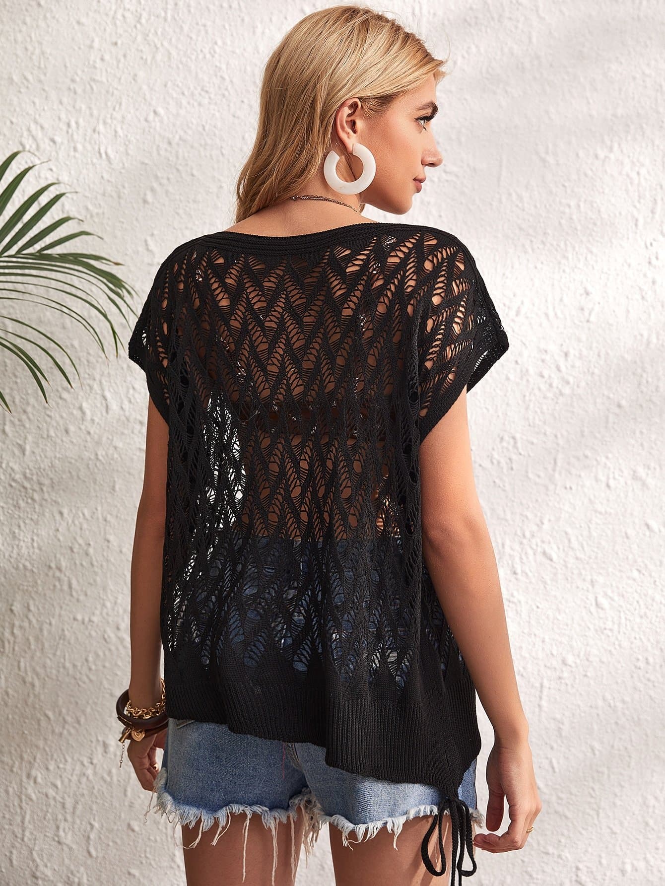 Black Boat Neck Sheer Knot Side Detail Cover Up