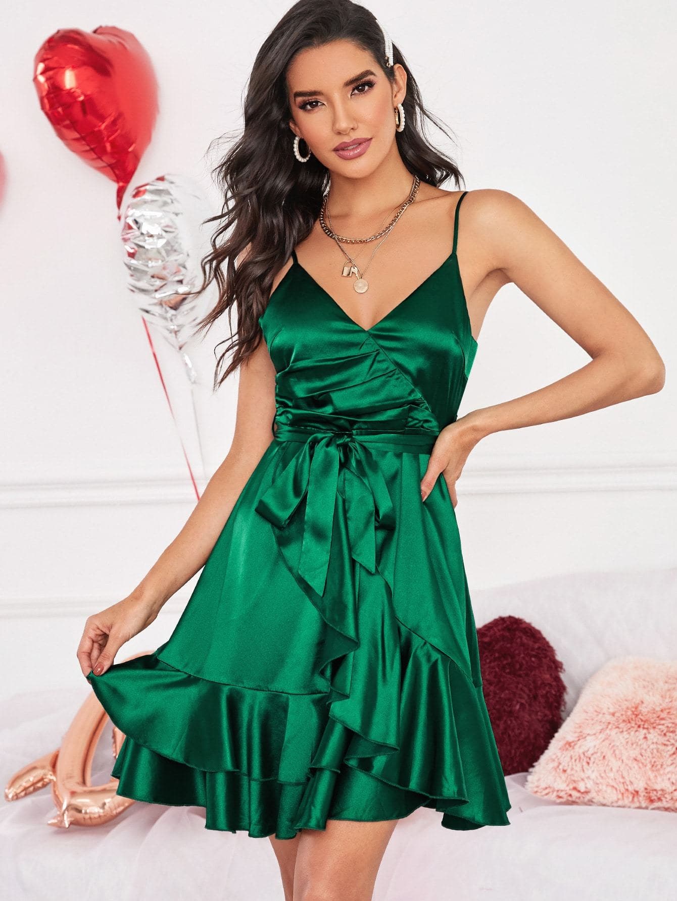 Spaghetti Strap Sleeveless Satin Ruffle Hem Belted Wrap Cami Dresses