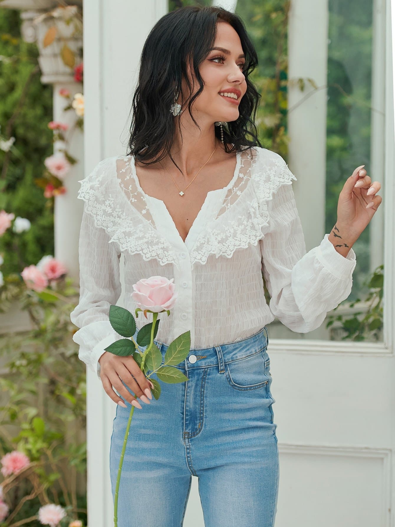 Notched Lace Panel Button Front Boho Top