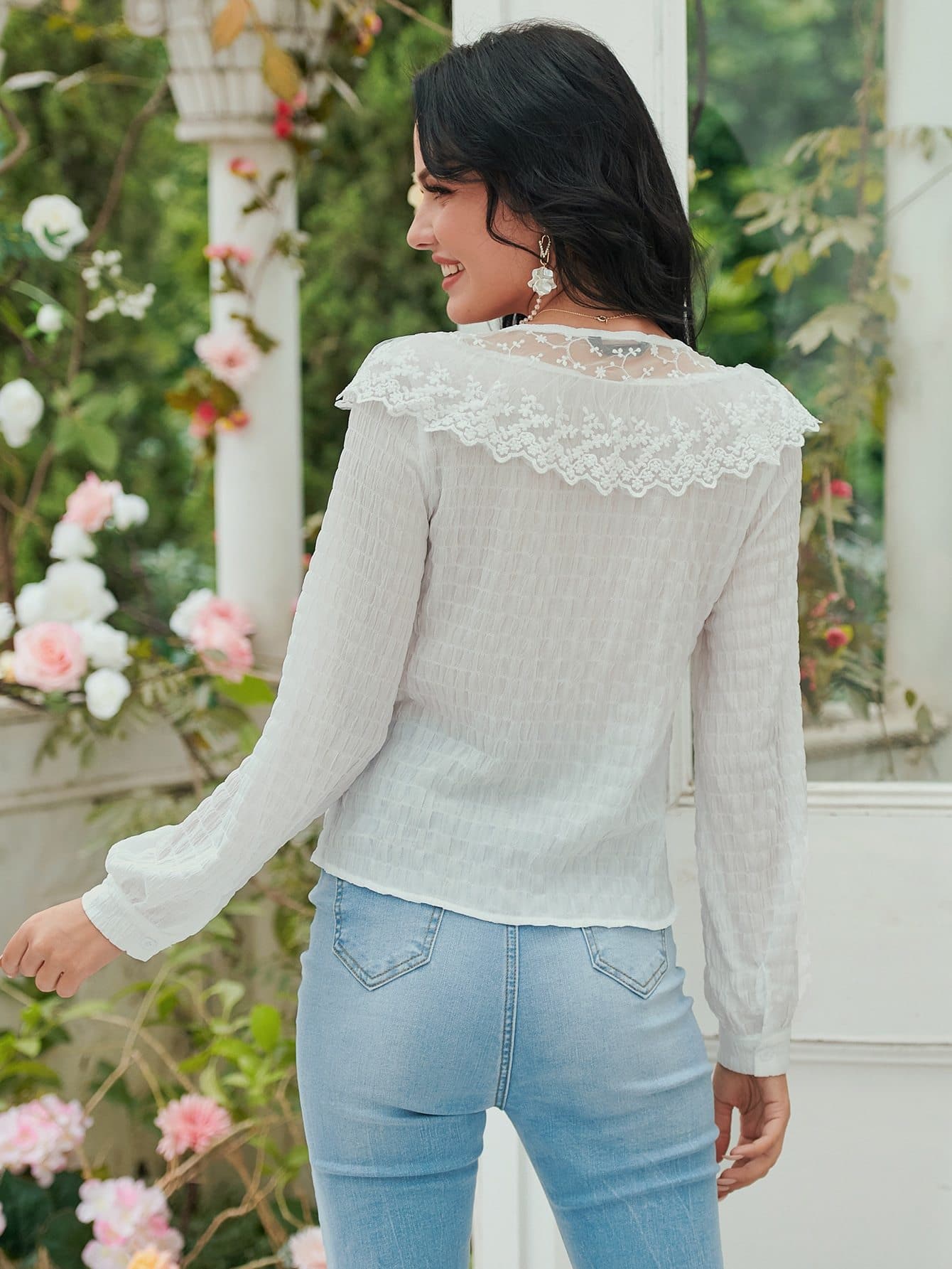 Notched Lace Panel Button Front Boho Top